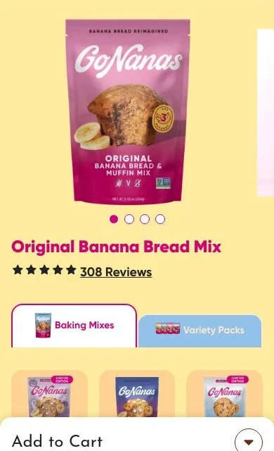 Live GoNanas Original Banana Bread Mix page showing the product packaging, product name, and reviews