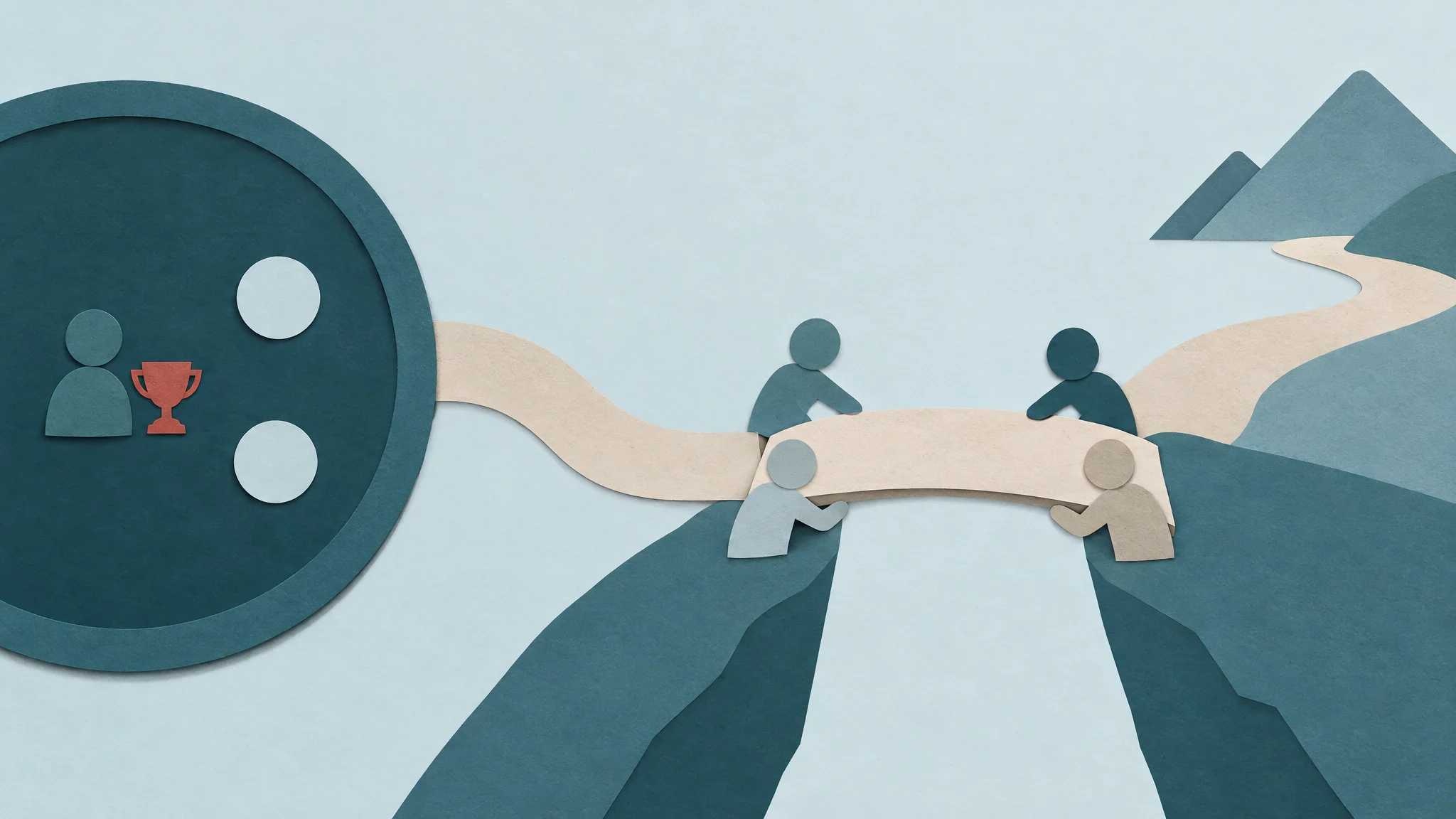 Cut-paper players leave a nearly empty arena with one winner and join a group building a bridge together.