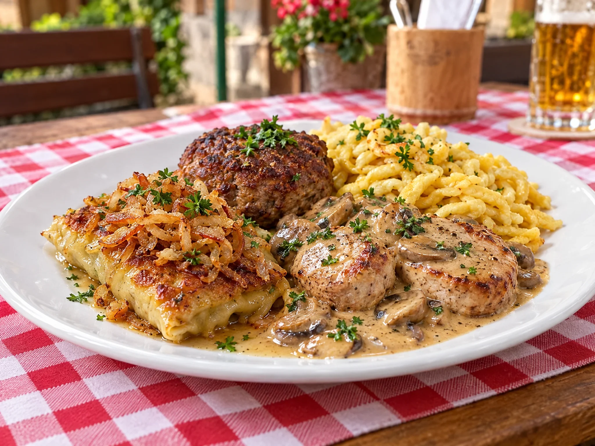 Oma Lene Teller mit Maultasche, Fleischküchle, Medaillon und Spätzle