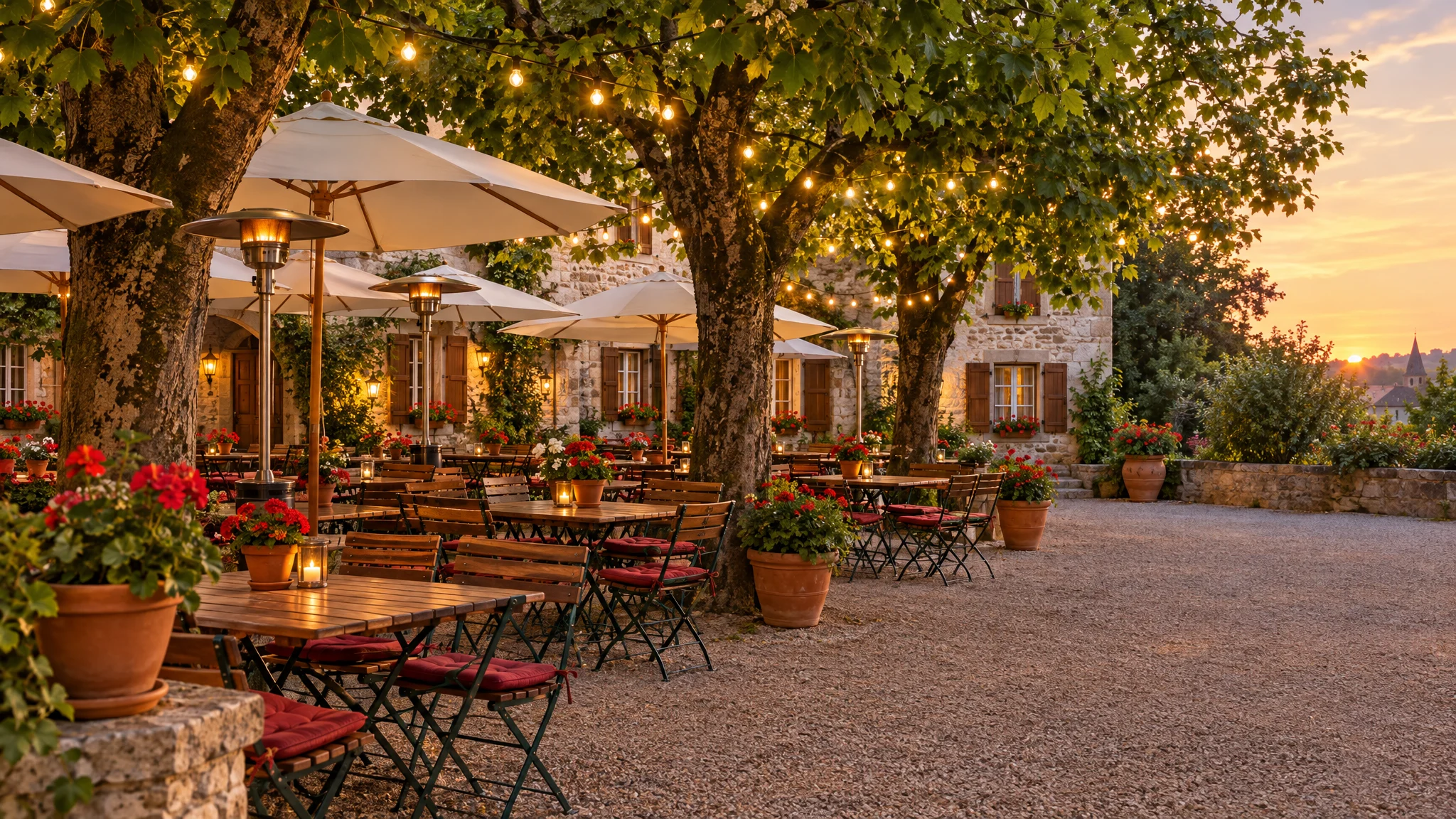 Biergarten unter alten Linden mit Holztischen und Lichterketten am Abend
