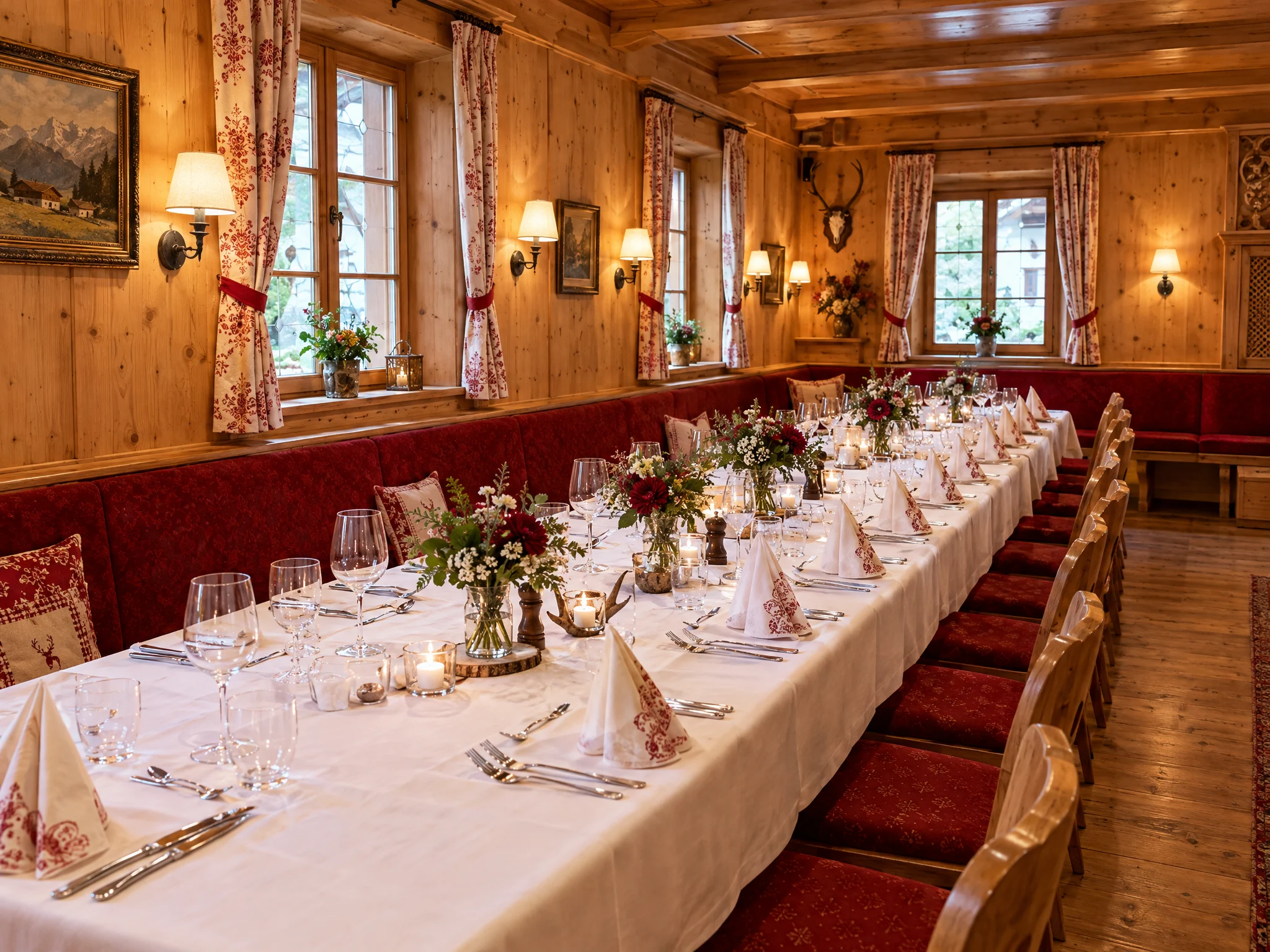 Festlich gedeckte lange Tafel im holzvertäfelten Eventraum