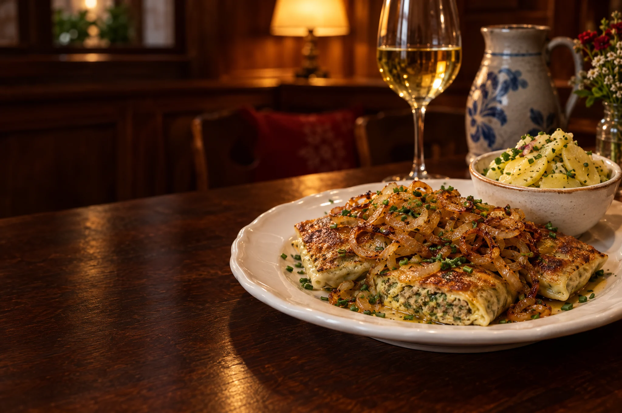 Hausgemachte schwäbische Maultaschen mit geschmälzten Zwiebeln und Kartoffelsalat auf einem Holztisch