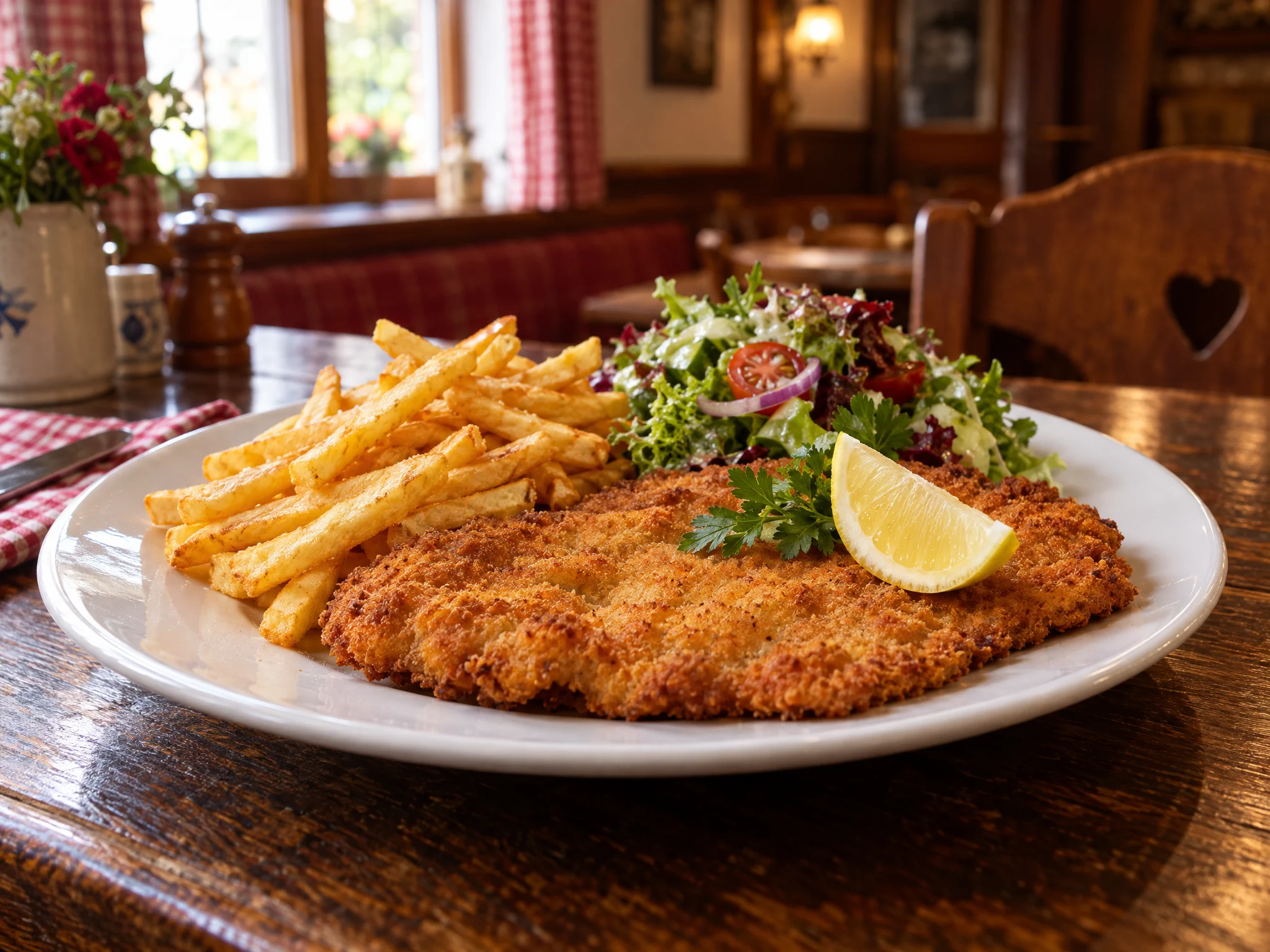 Paniertes Schnitzel mit Pommes frites, Zitrone und Salat
