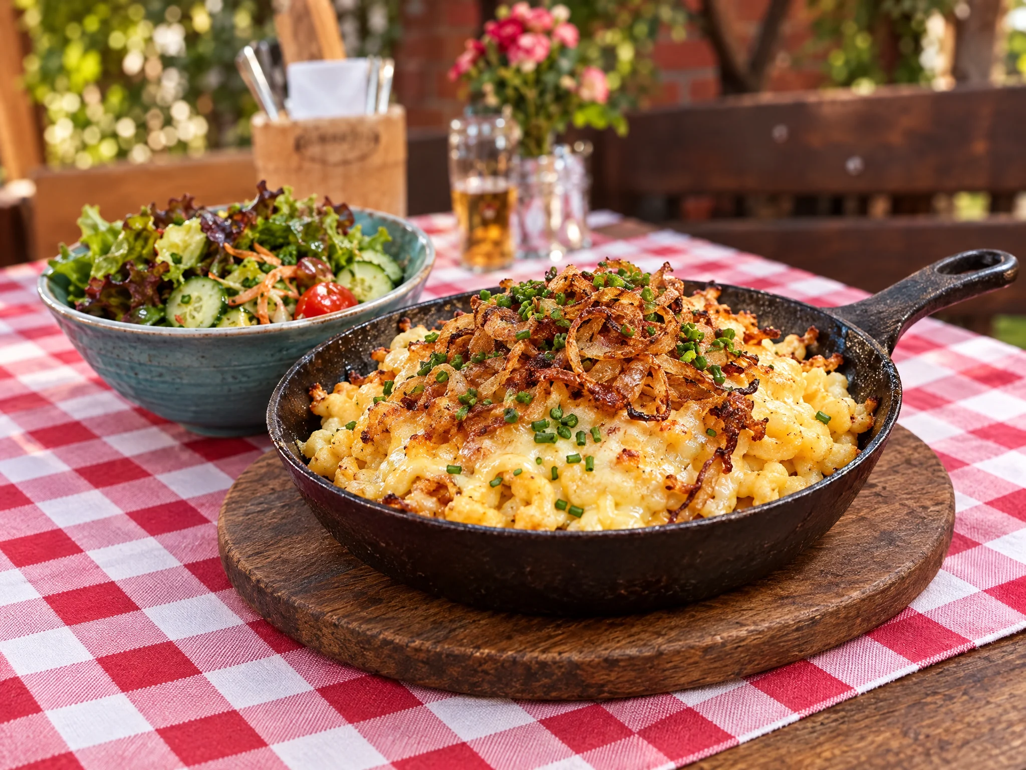 Käsespätzle mit Röstzwiebeln in der Pfanne