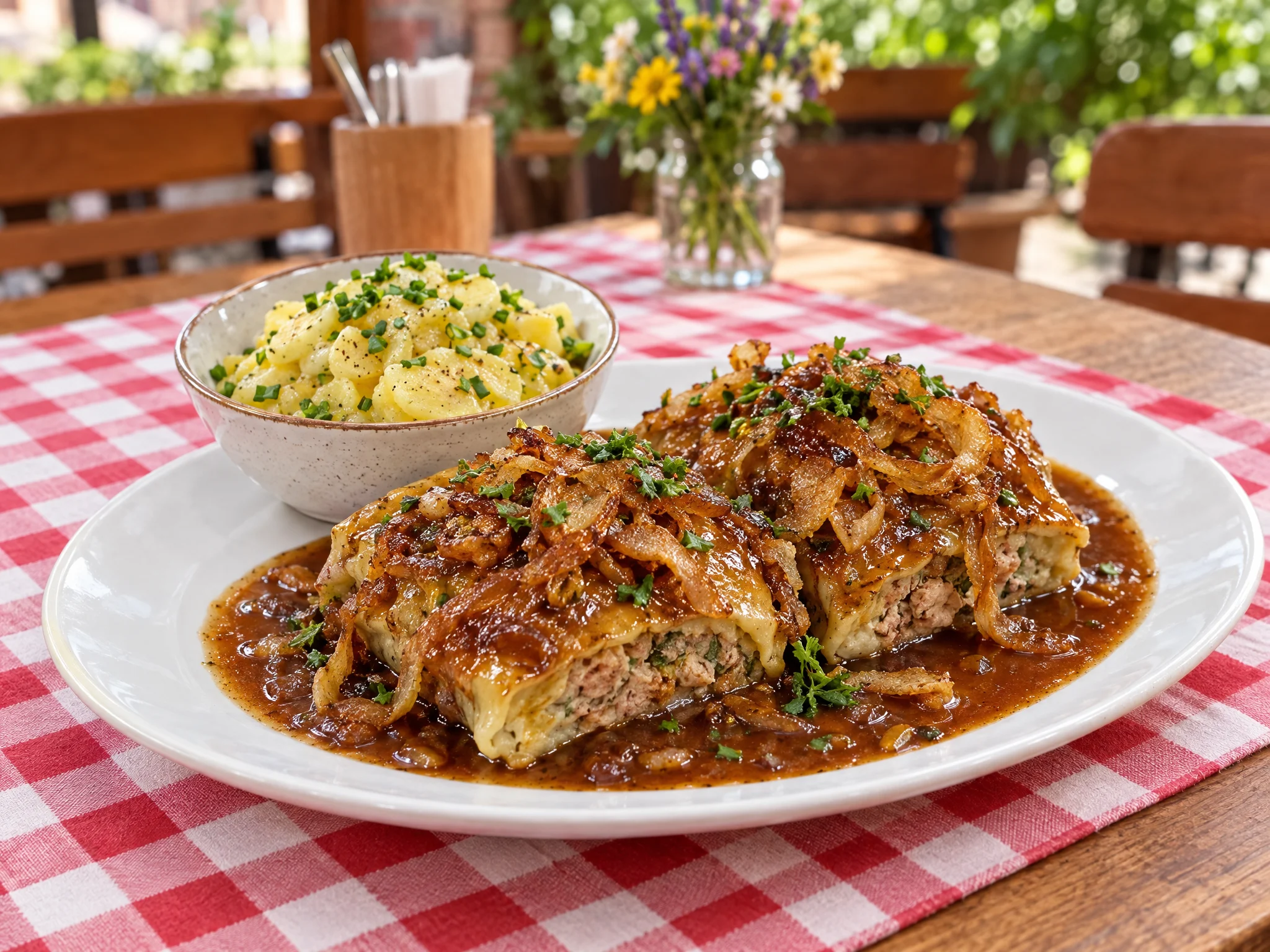 Hausgemachte Maultaschen mit geschmälzten Zwiebeln und Kartoffelsalat