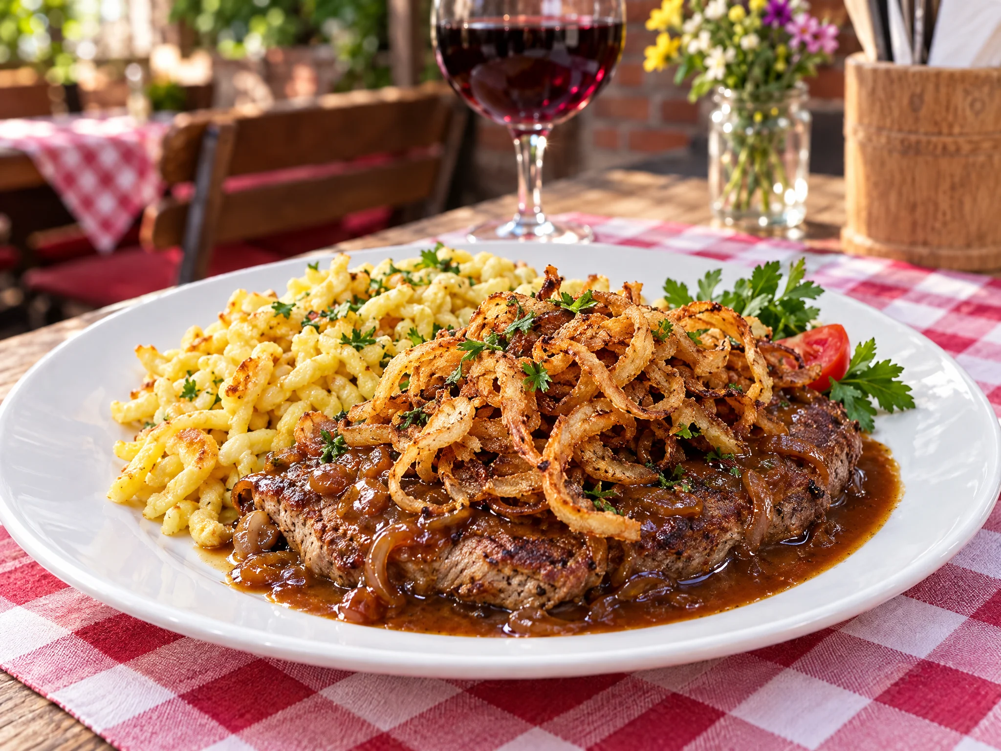 Schwäbischer Zwiebelrostbraten mit Röstzwiebeln und Spätzle