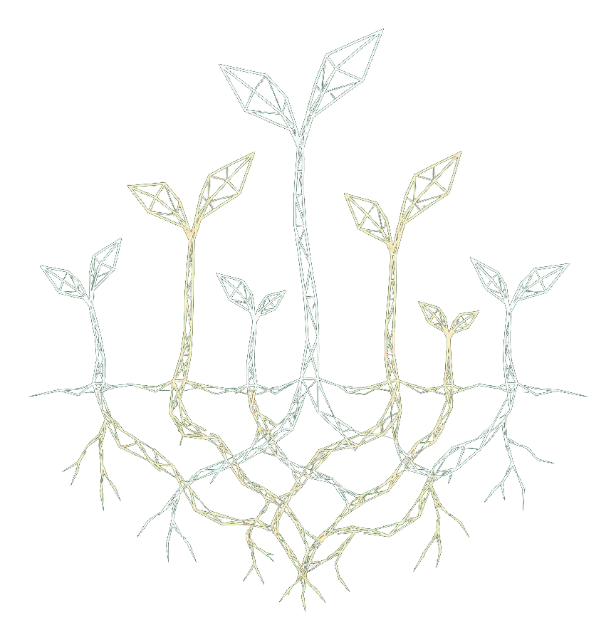 Line drawing of young sprouts growing side by side, their roots woven together