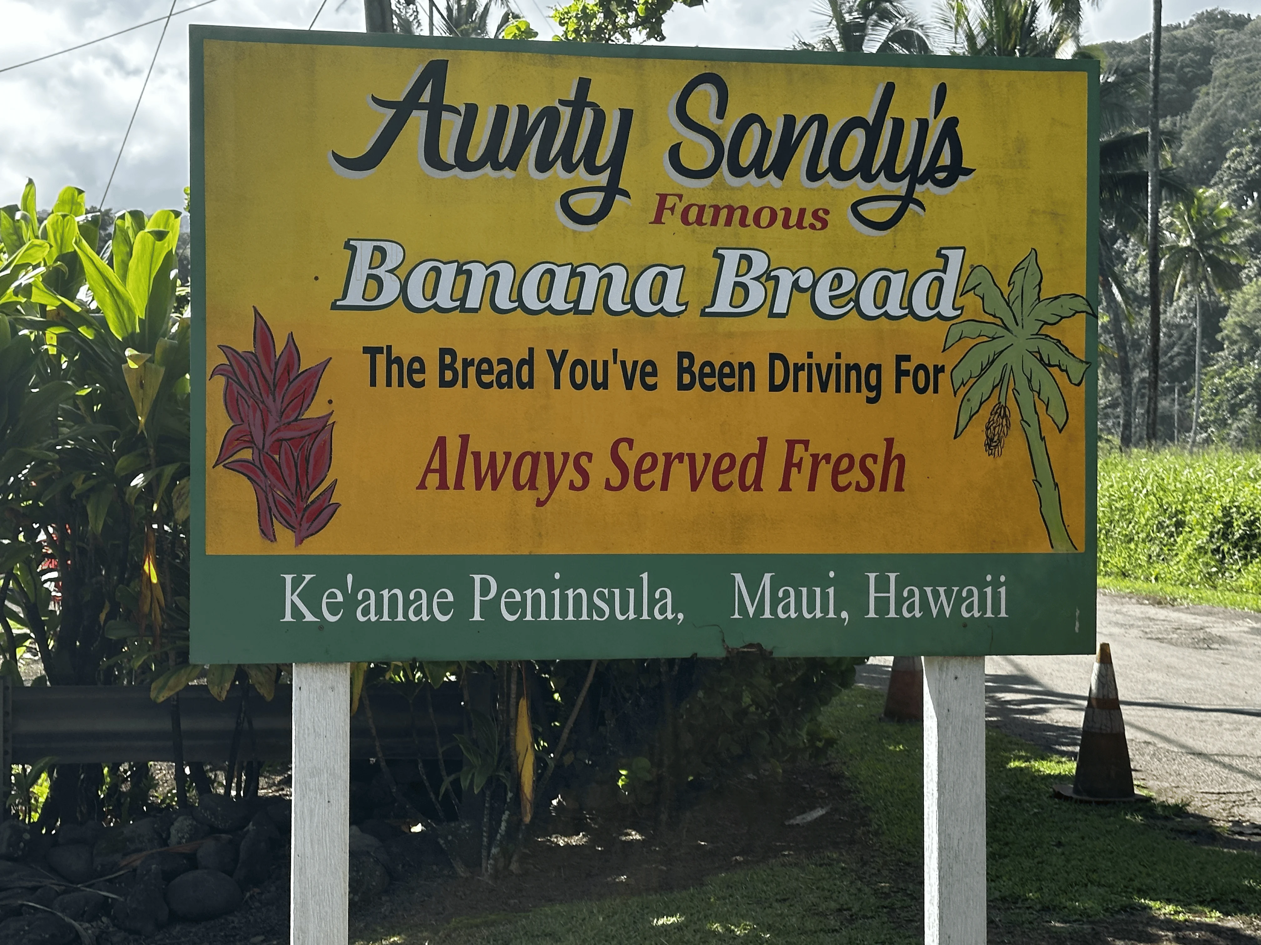 Aunty Sandy’s banana bread sign in Keʻanae