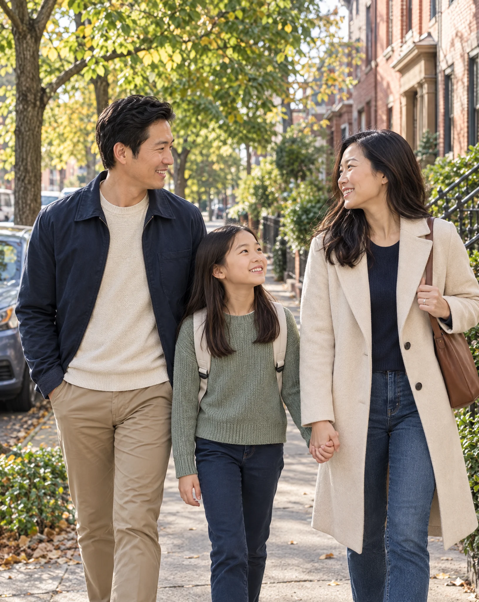 Illustrative Chinese American family walking together in a New York neighborhood
