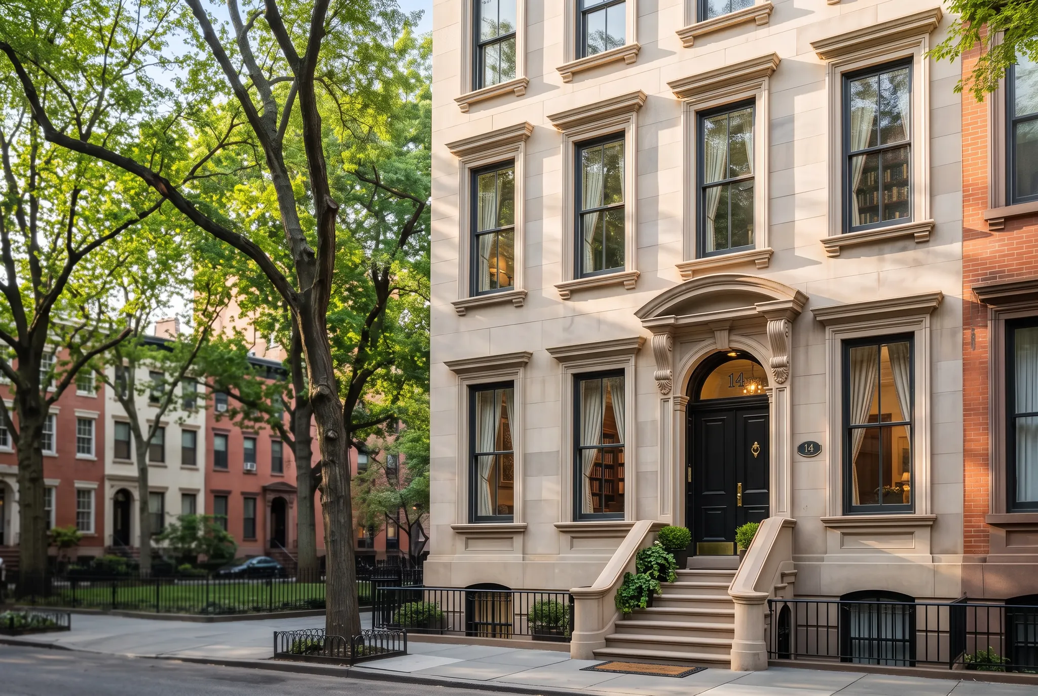 New York brownstone residence in warm daylight