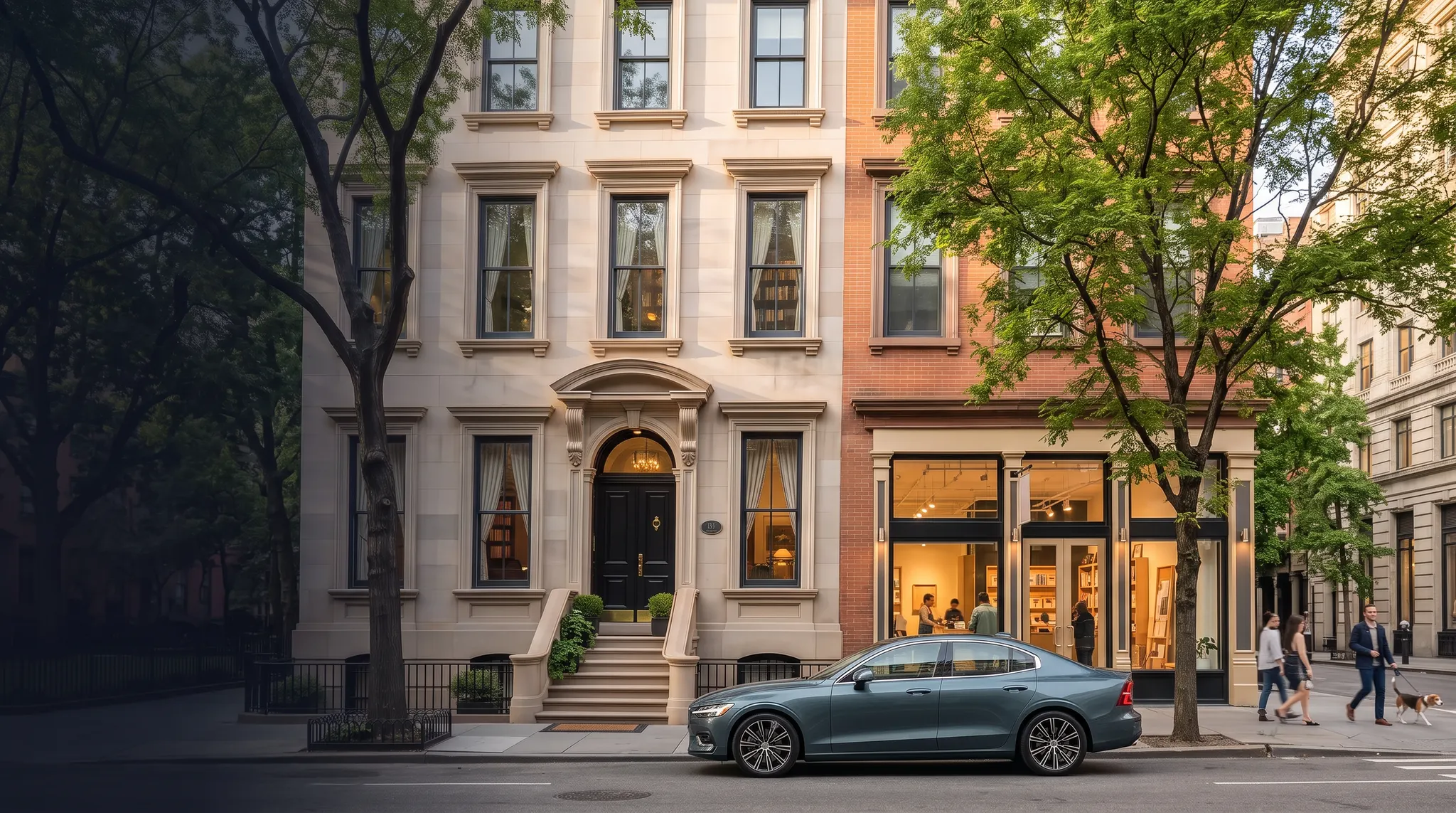 New York neighborhood with a vehicle, residence, storefront, and pedestrians in warm daylight