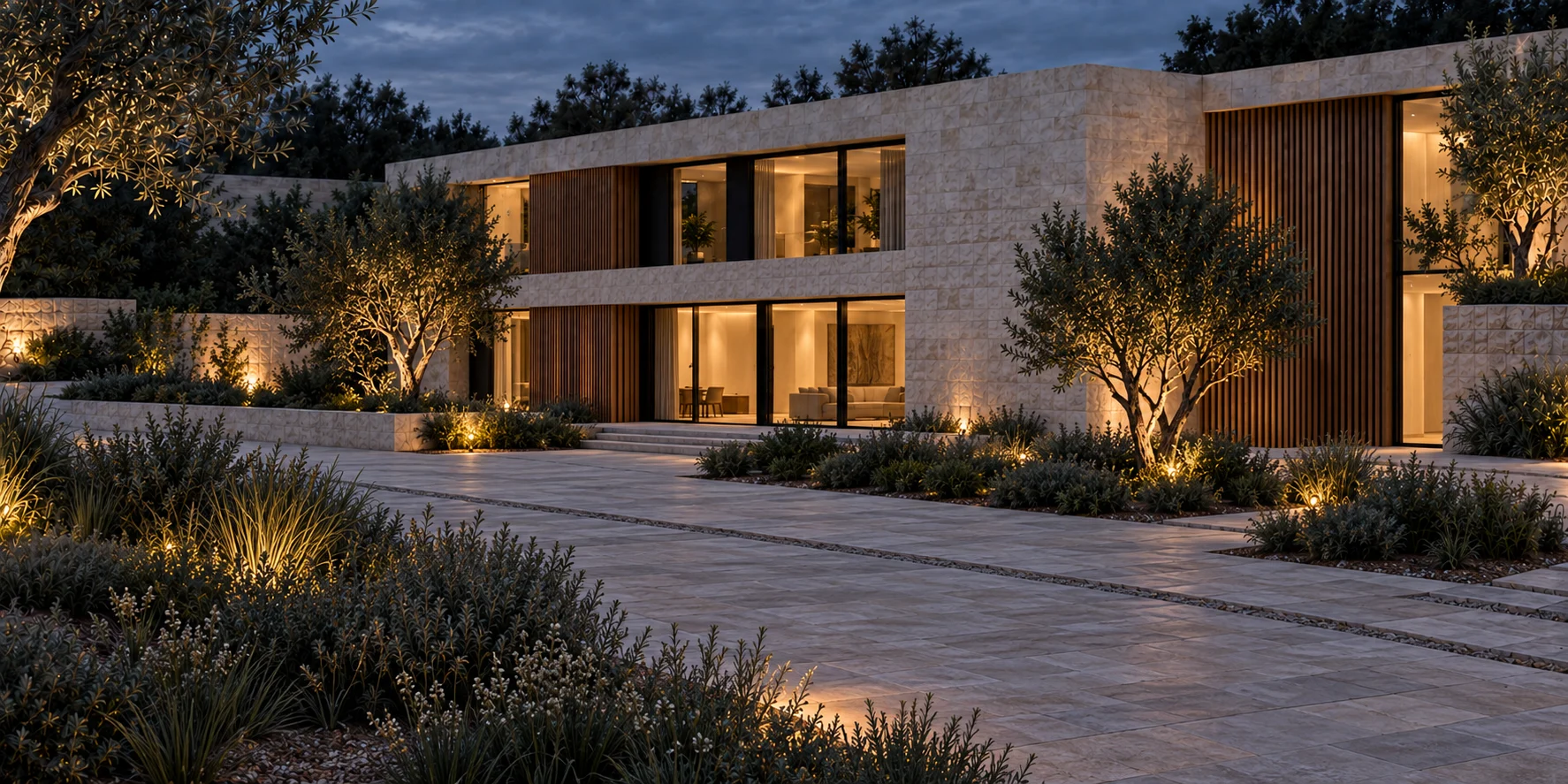 Modern residential property at dusk