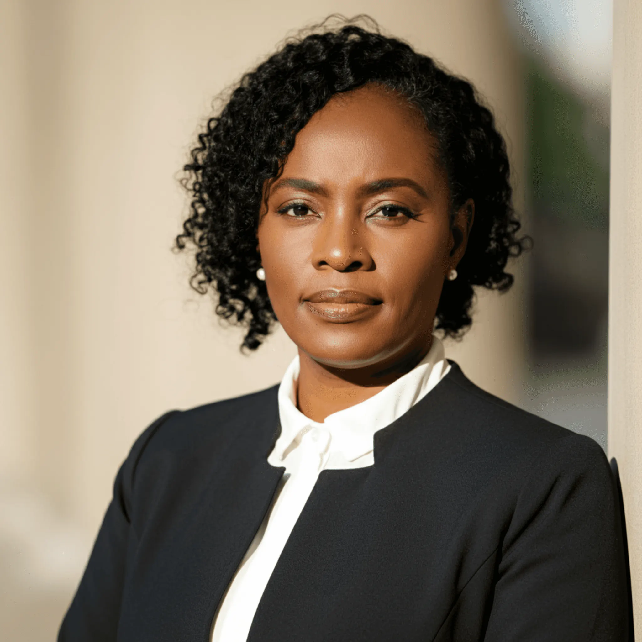 A confident Black woman with curly hair and pearl earrings, wearing a dark blazer and white shirt, embodying professional.