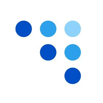 A dynamic arrangement of six blue circles, varying in shade from dark to light, forming an abstract digital product.