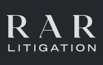 RAR Litigation logo featuring elegant light gray serif letters on a dark charcoal background, conveying a professional.