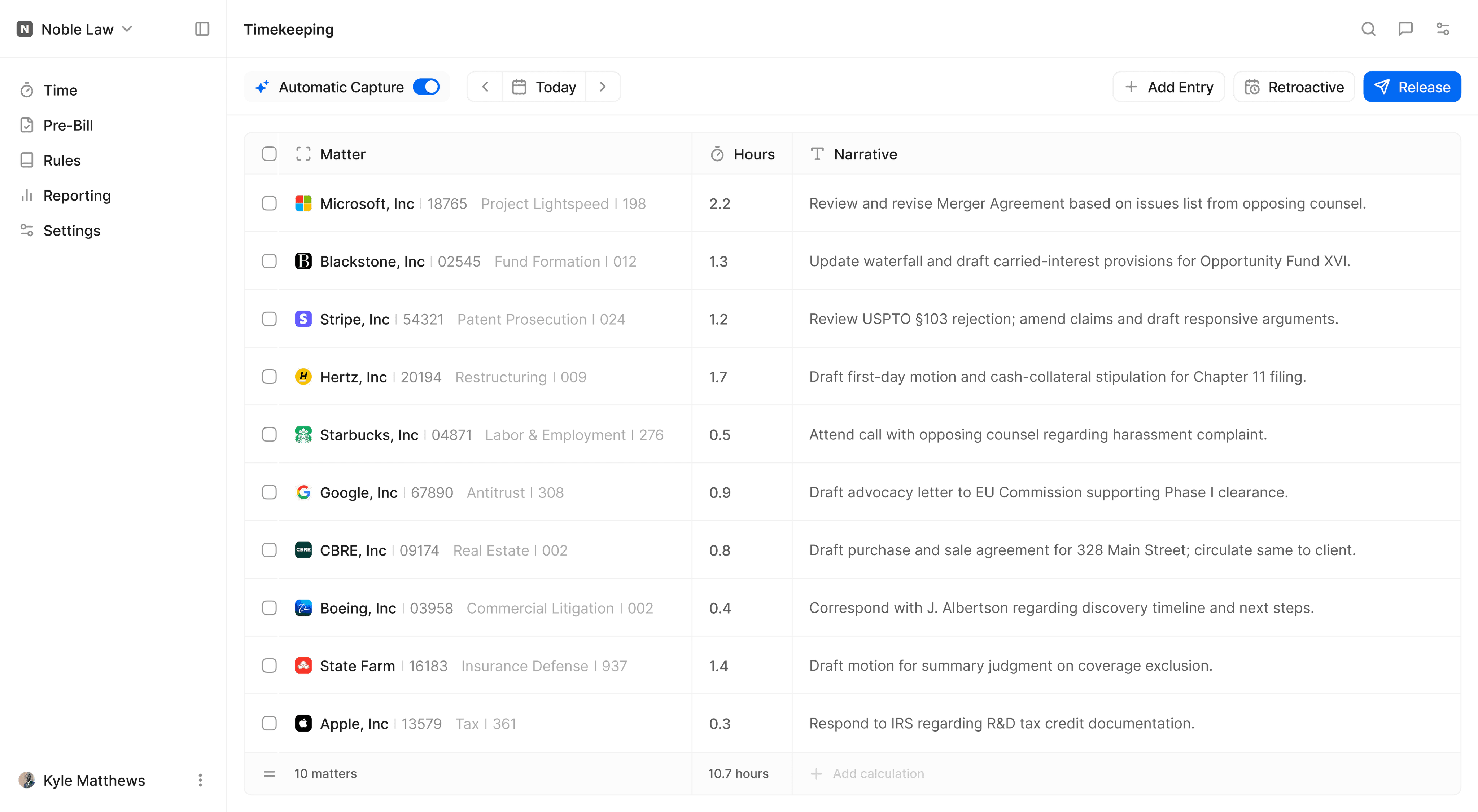 A clean, modern digital product interface displaying a timekeeping system with a list of legal matters, hours logged and.