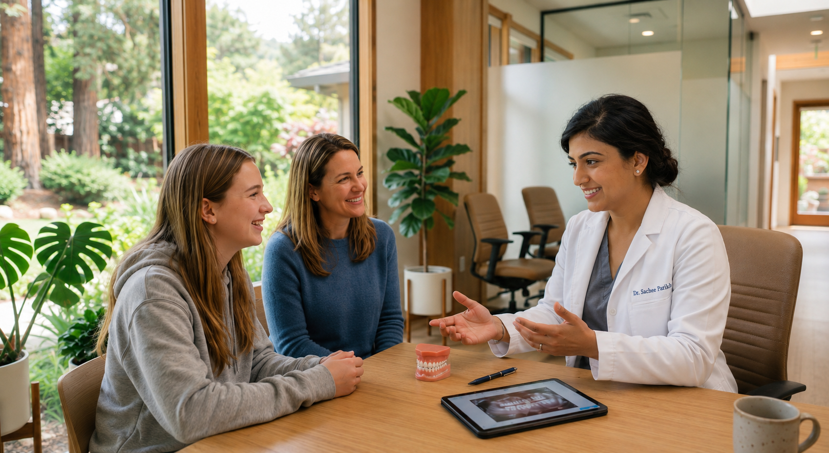 Dr. Parikh meeting with a teen patient and parent in the Mill Valley office