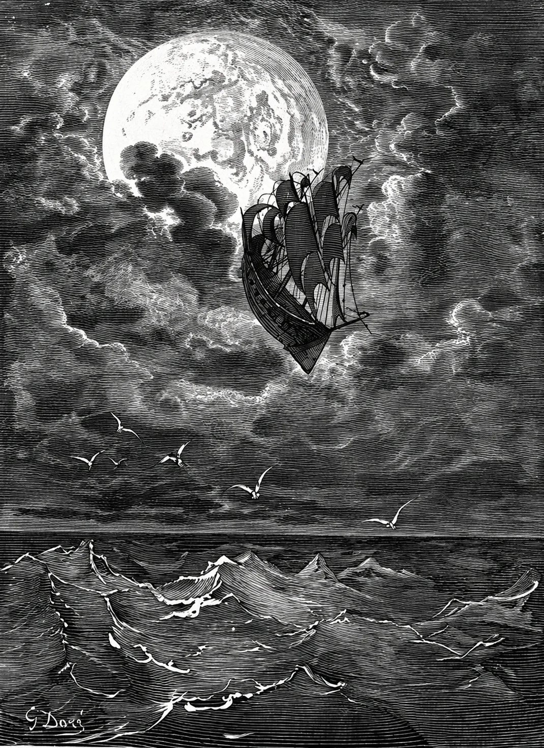 Black-and-white engraving of a sailing ship traveling through clouds before the moon.