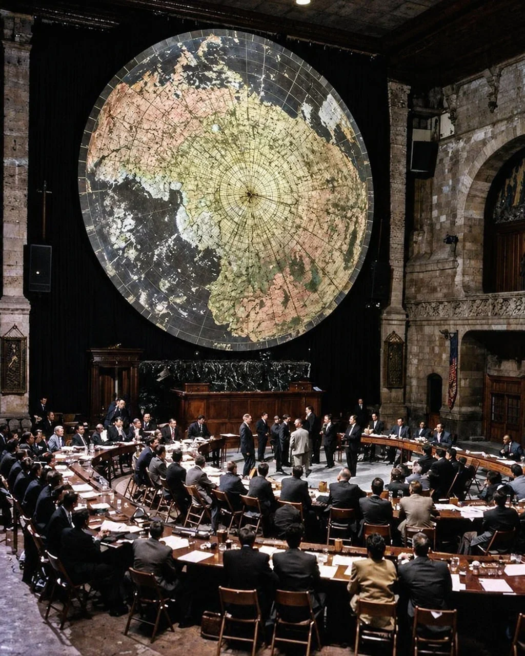 Historic international assembly beneath a large world map