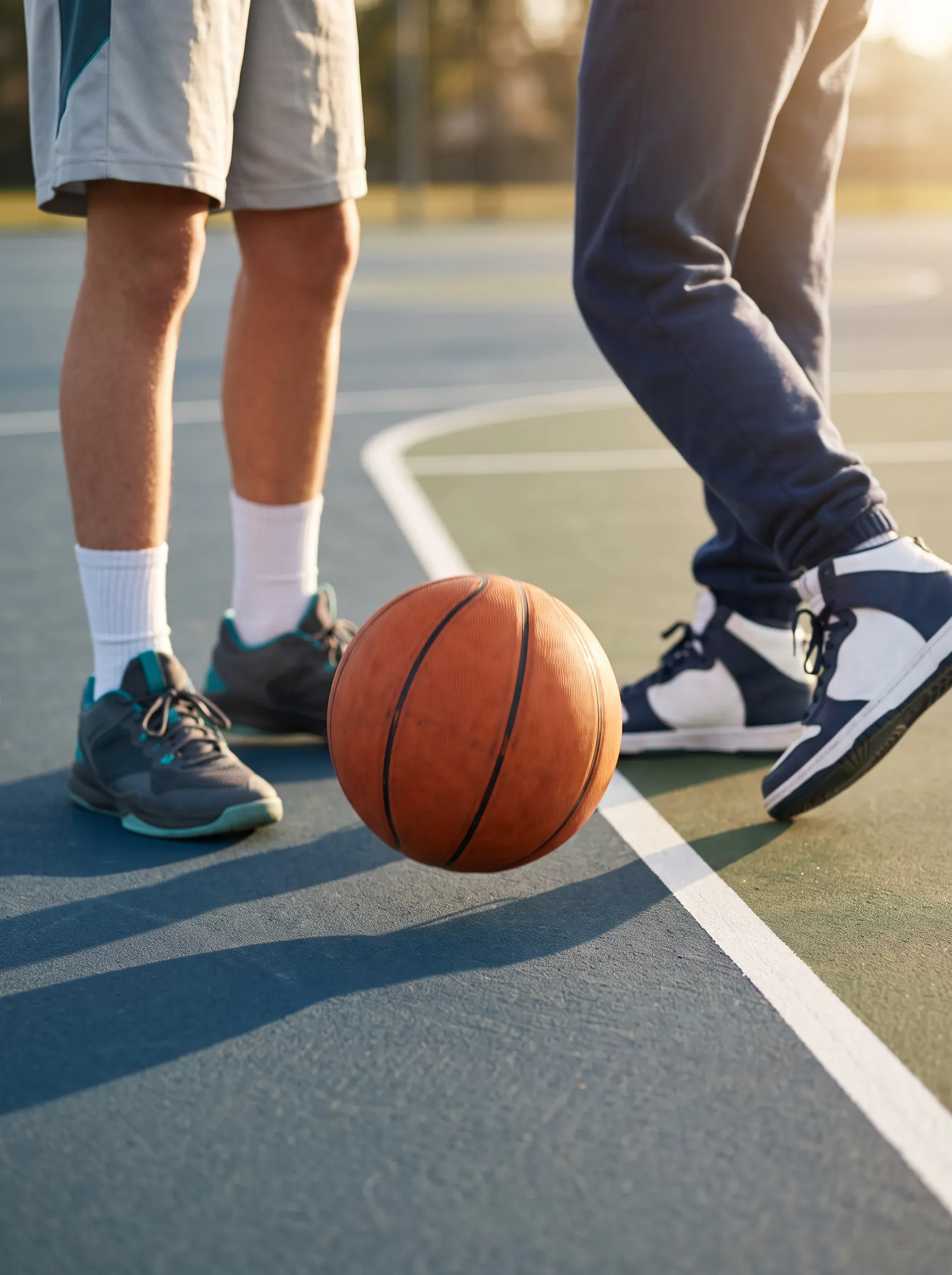 Illustrative movement scene with athletic shoes and a basketball on an outdoor court