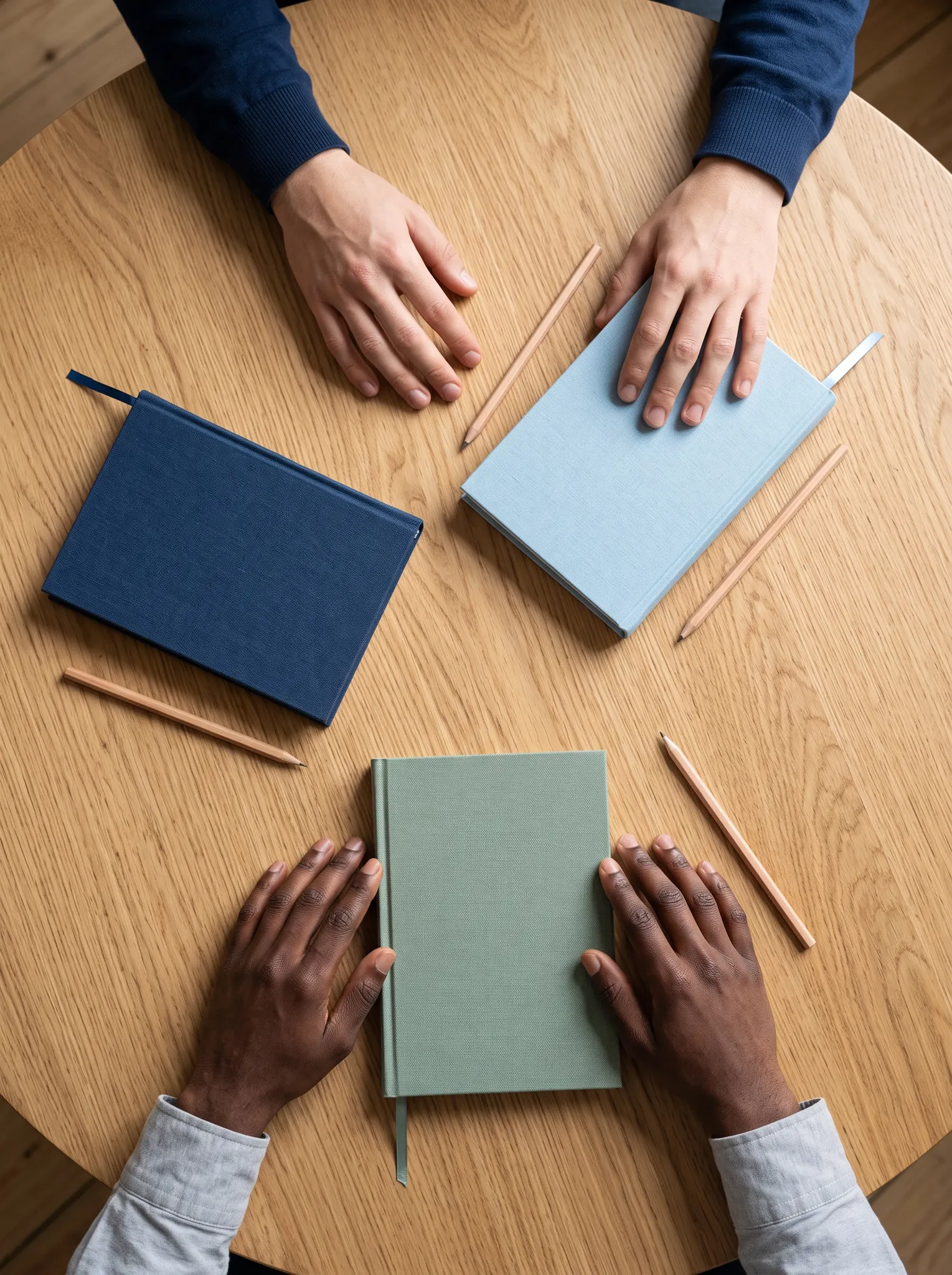 Illustrative reflection scene with journals and hands around a shared table