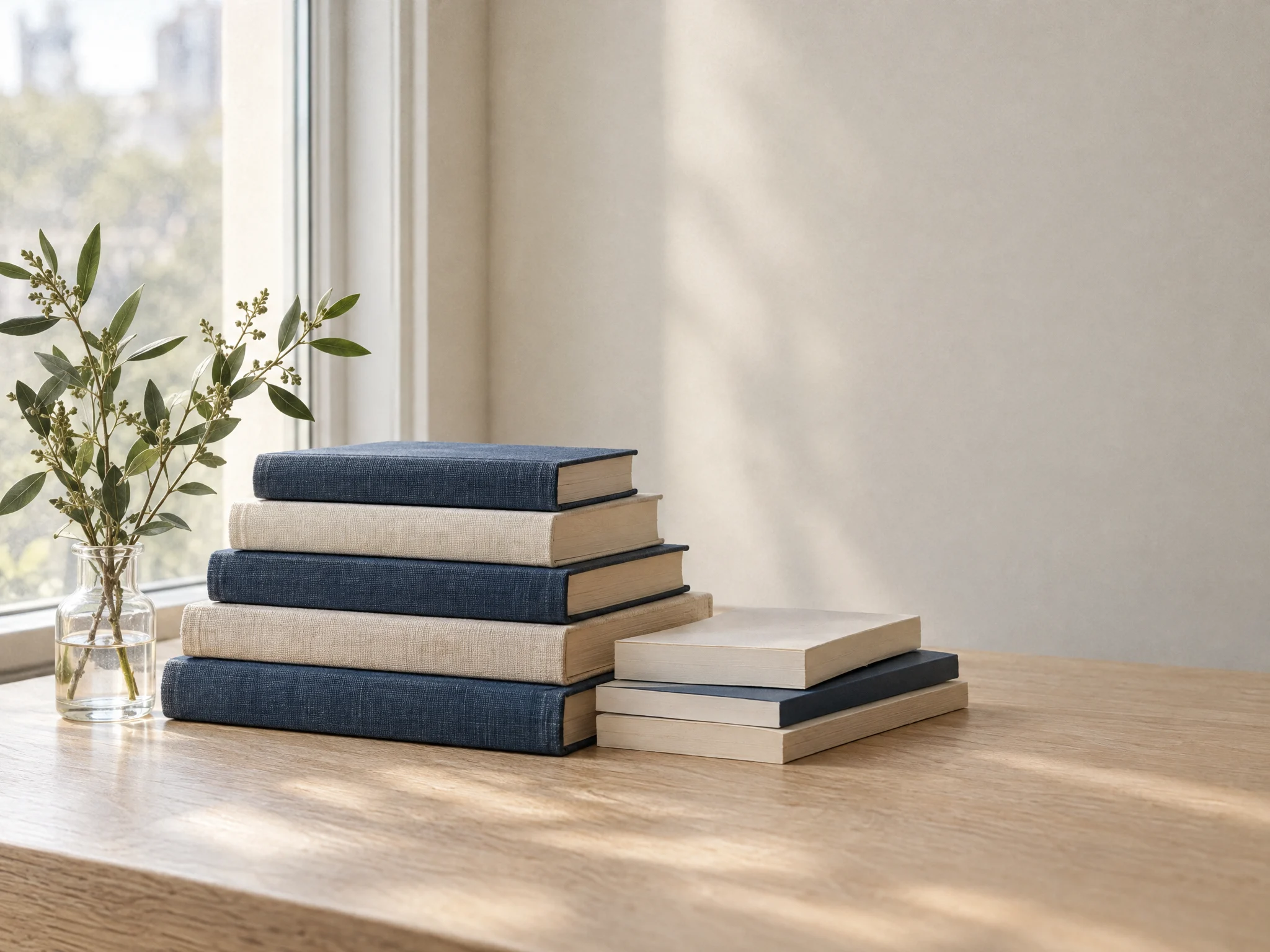 A stack of books on a table by a window