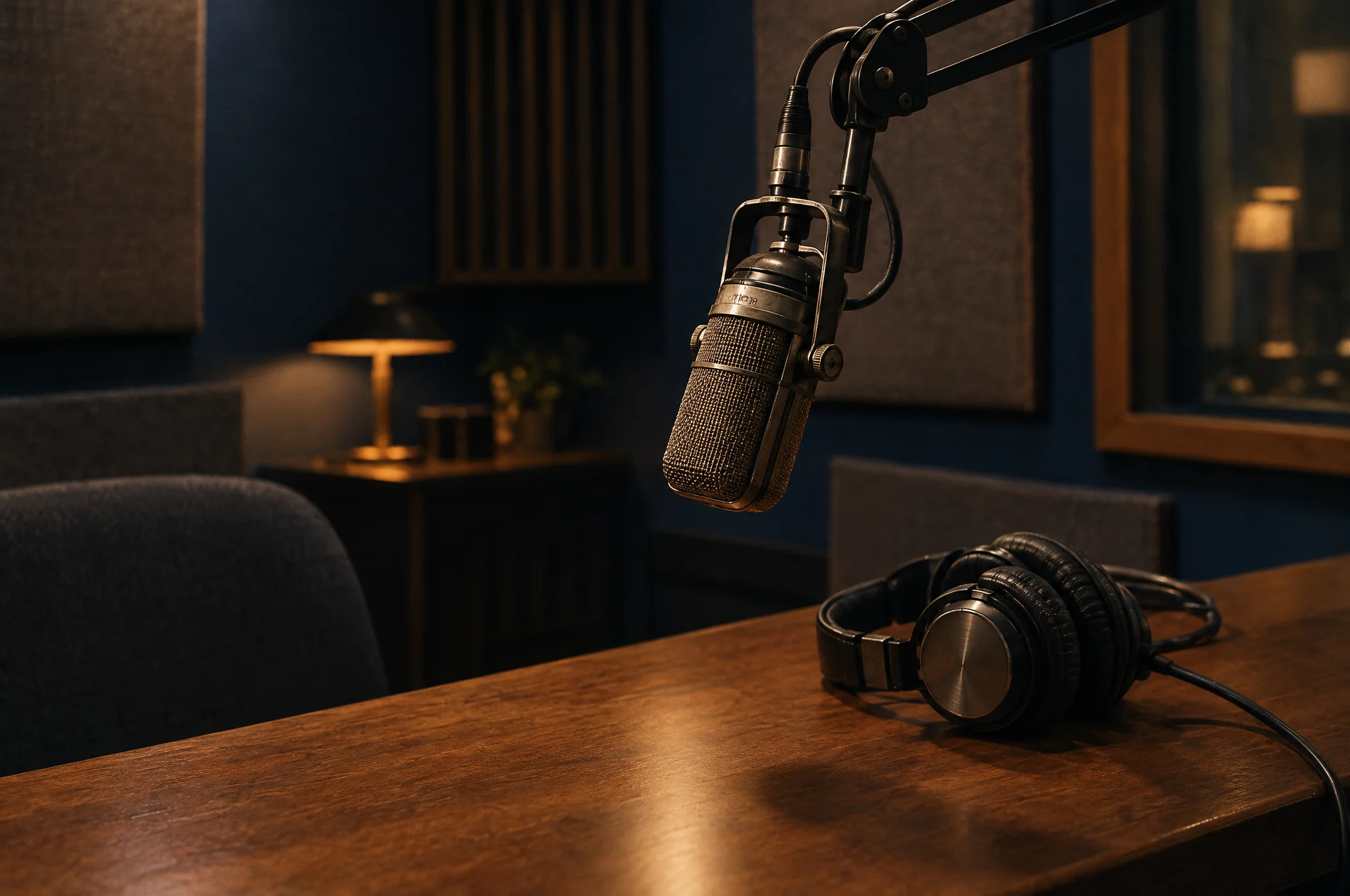 A vintage microphone and headphones in a dimly lit radio studio