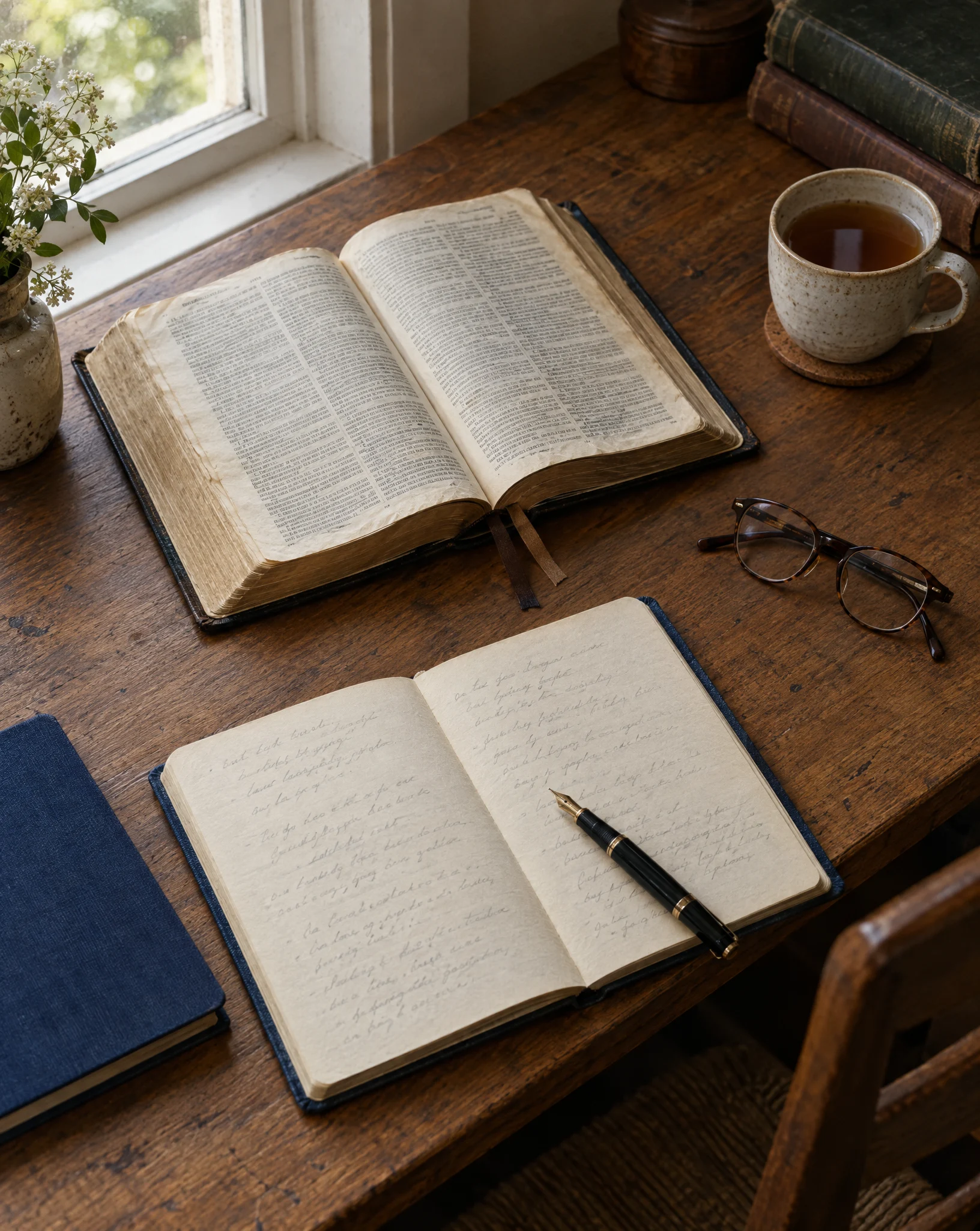 An open Bible and a handwritten notebook on a wooden desk