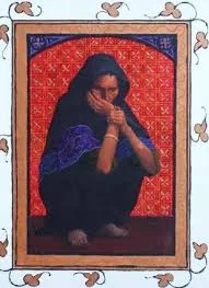 Painting of Hagar crouching in a dark cloak against a red patterned wall