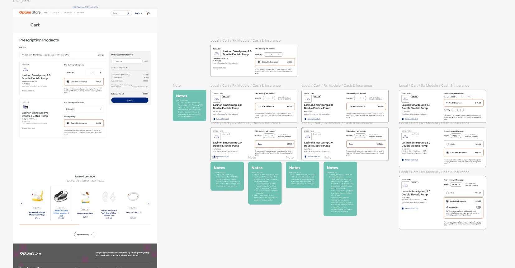 OneCheckout cart explorations for prescription products with cash and insurance pricing options