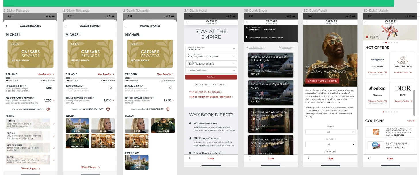 Caesars Rewards hub screens deep-linking into hotel, show, retail, and merchandise products