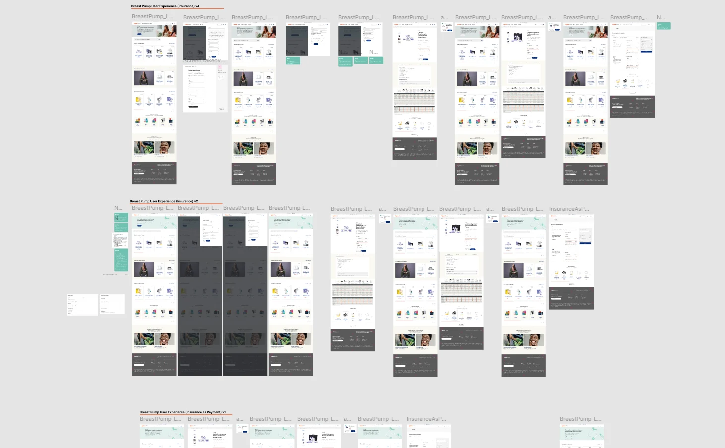 Rows of breast pump insurance experience explorations across several design versions