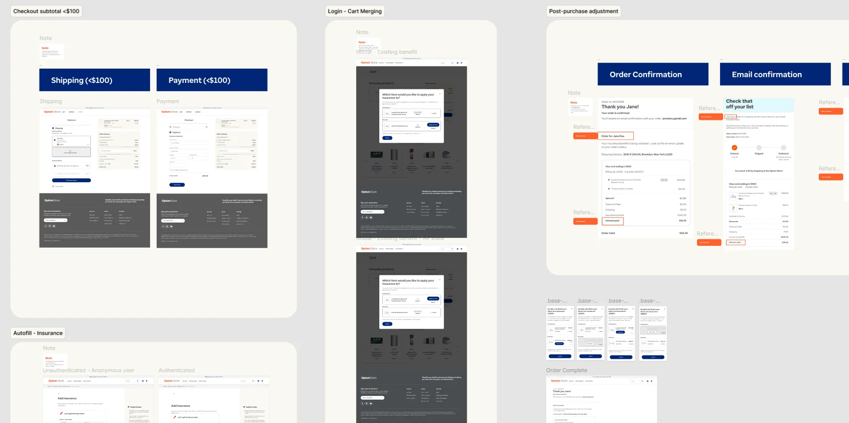 Edge-case screens for checkout under $100, login cart merging, insurance autofill, and post-purchase adjustment