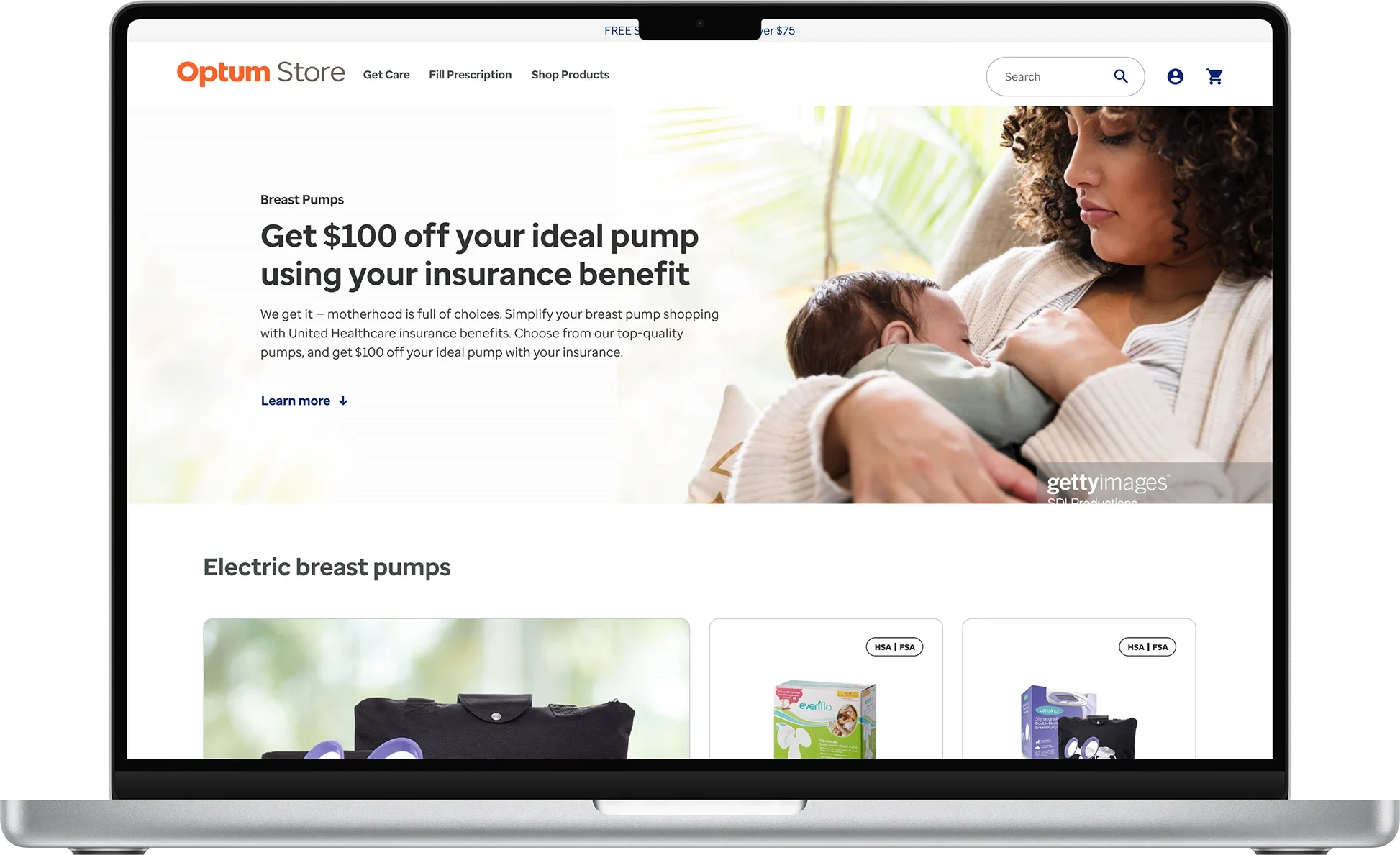 Optum Store breast pump shopping page shown on a laptop, offering $100 off with an insurance benefit