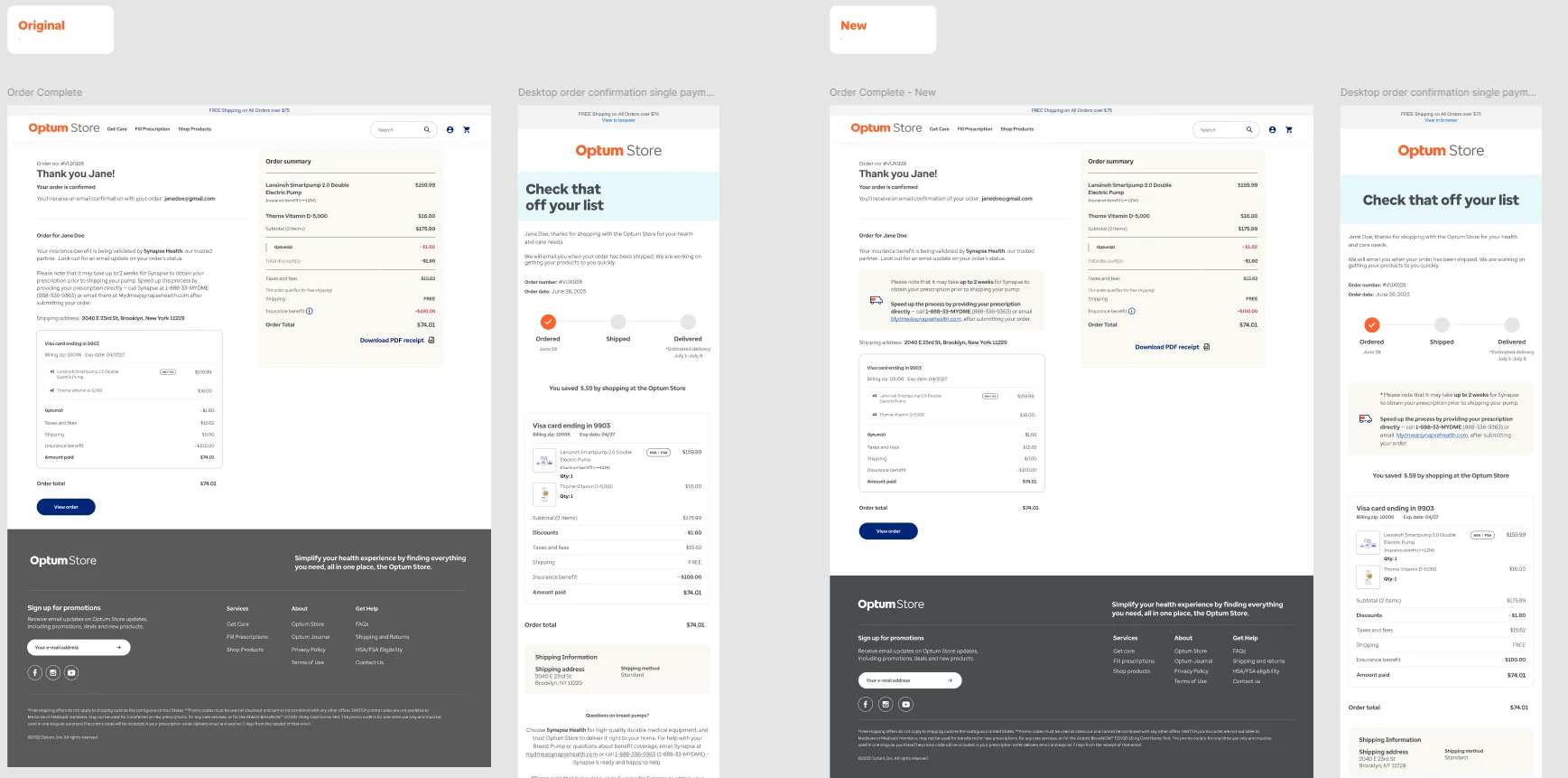 Original and new order confirmation page and email designs side by side