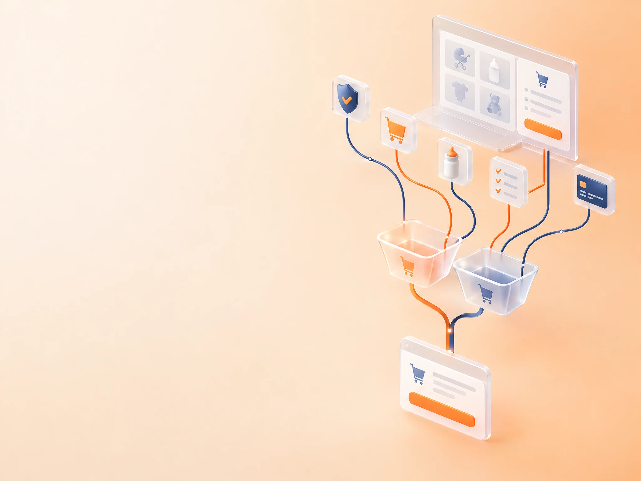 Abstract e-commerce funnel where insurance coverage, products, and carts converge into one checkout