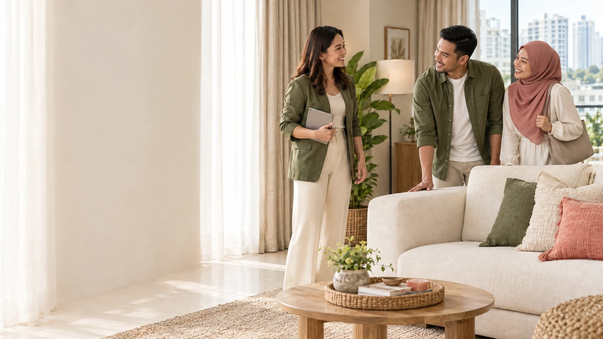 A property agent showing a smiling Malay couple a bright condo living room with a spotless cream sofa