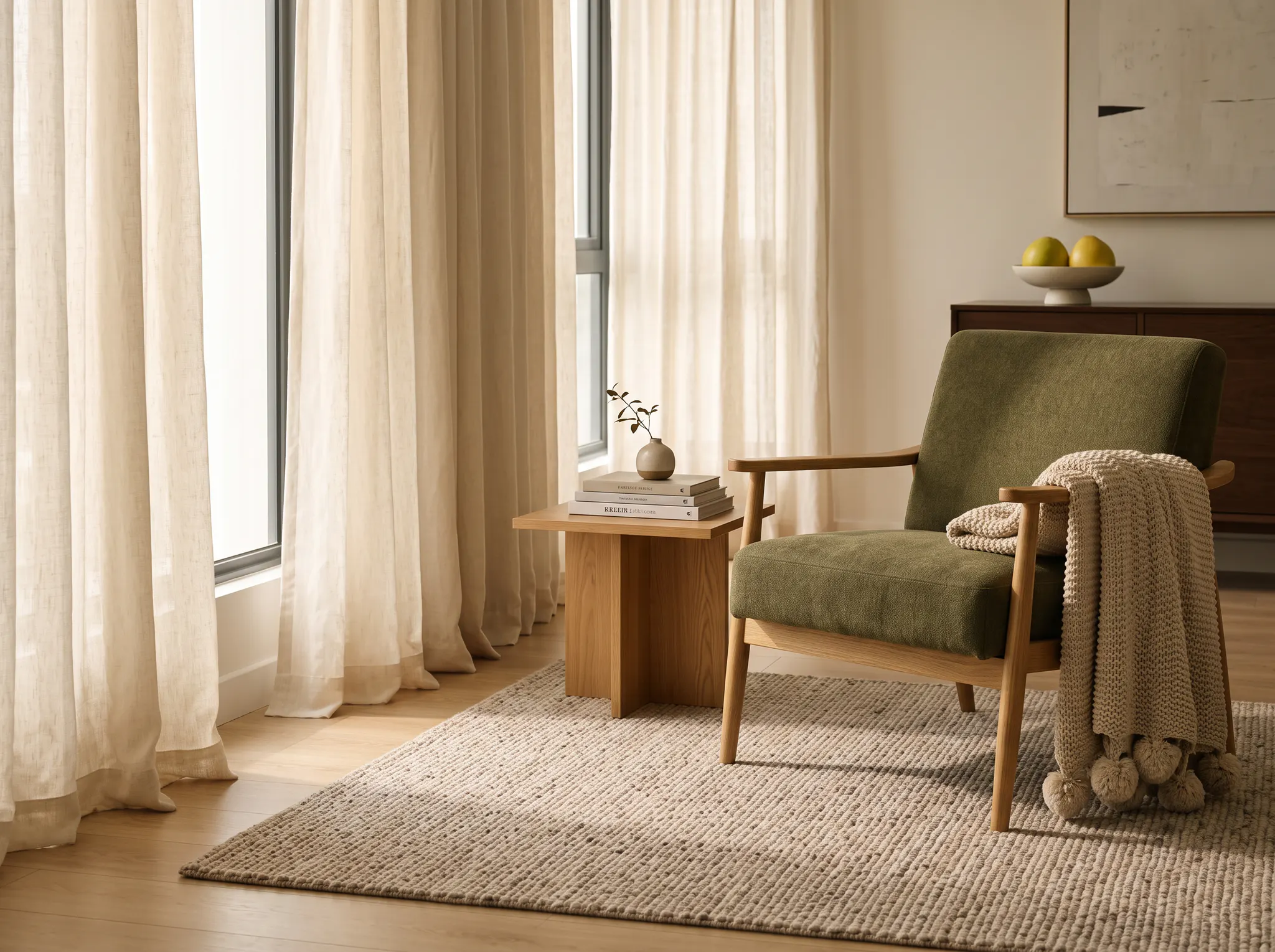 Cream curtains, a neutral carpet and an olive upholstered chair in a condo