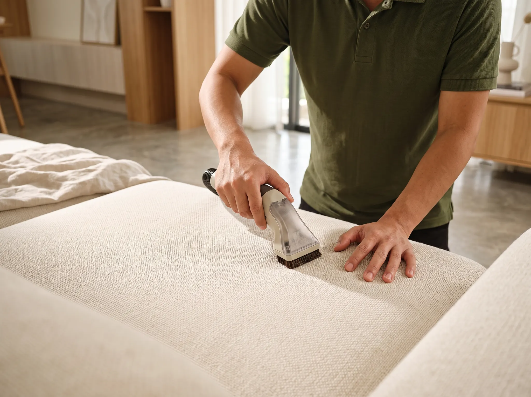 A technician carefully cleaning a cream fabric sofa