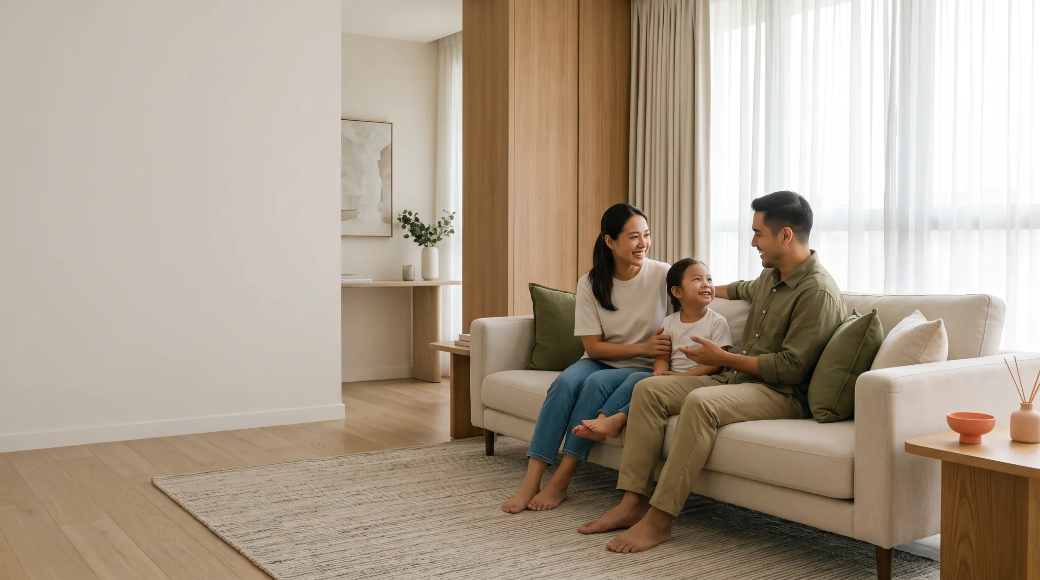 A Malaysian family enjoying time together on a clean cream sofa