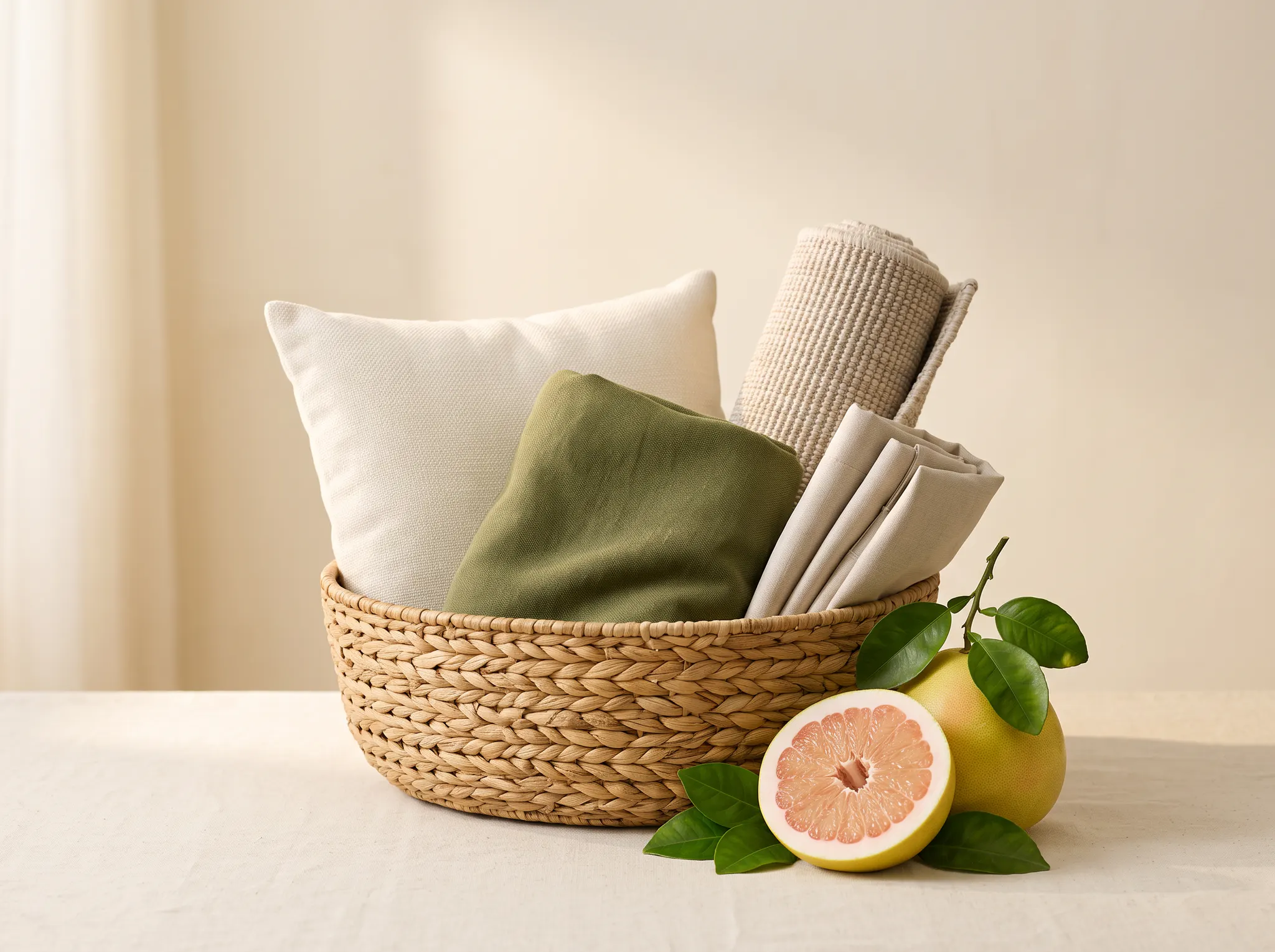 A basket of upholstery textiles beside a pomelo