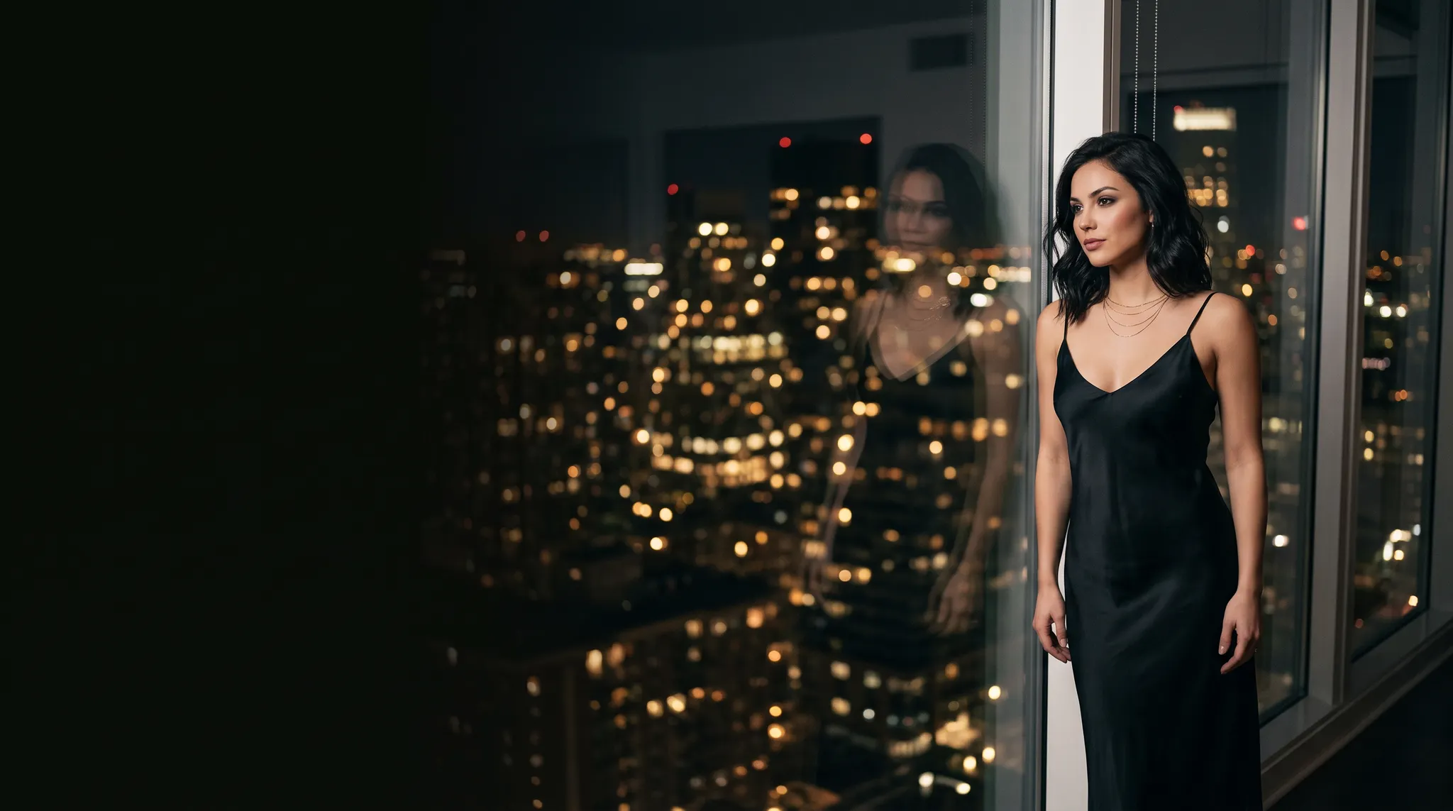 An AI model standing beside a city window at night
