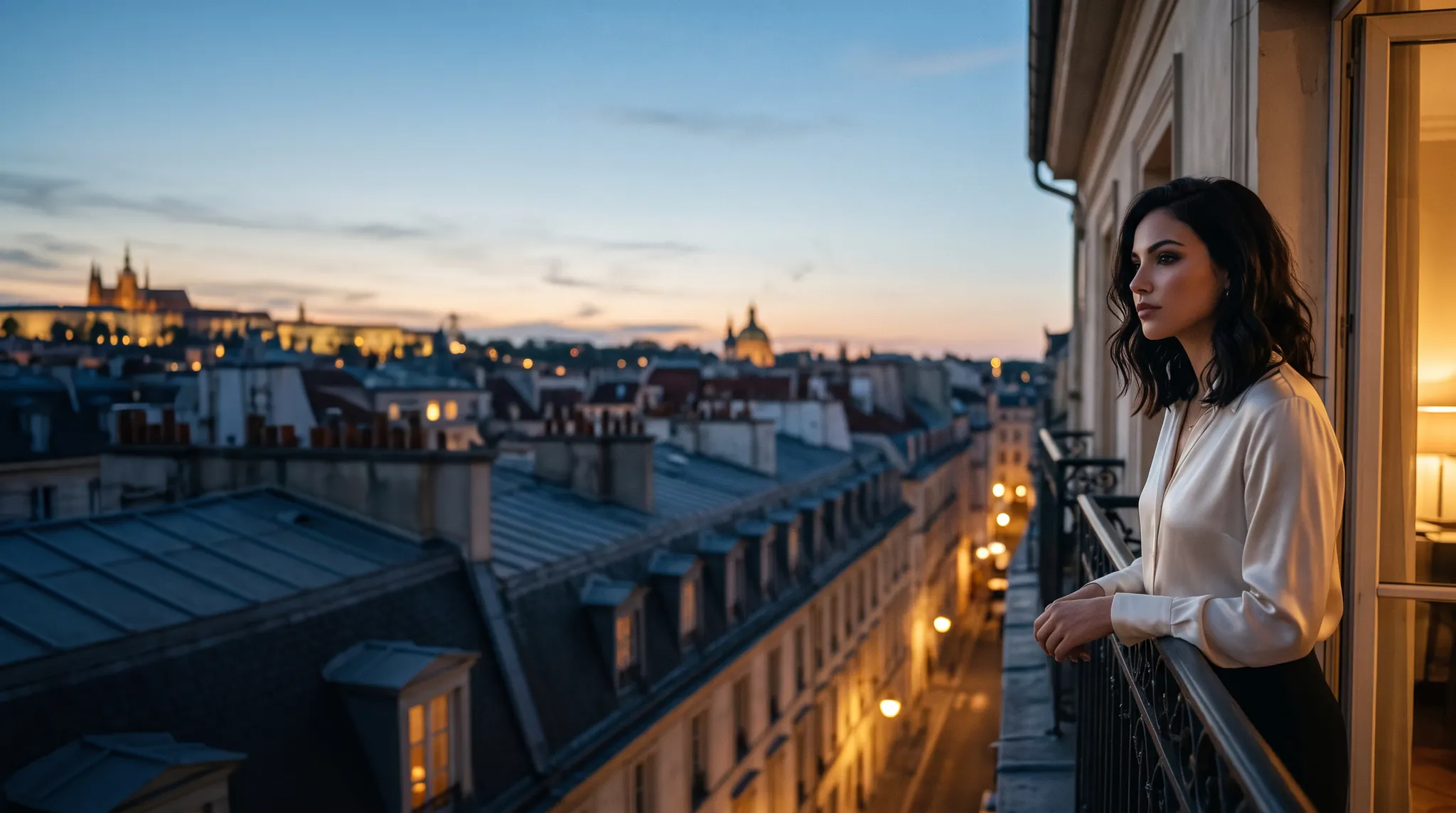 An AI model standing on a European balcony at dusk