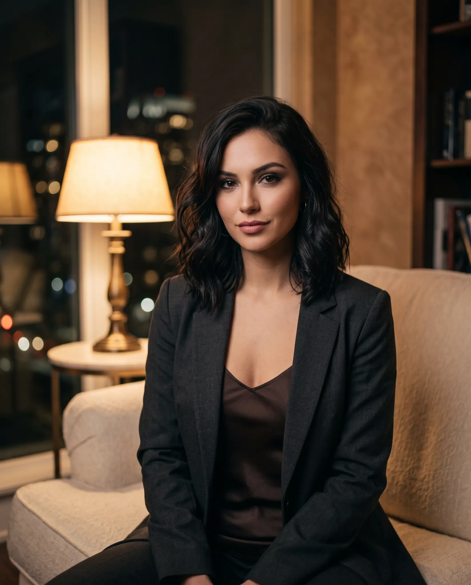 A warm editorial portrait of an AI model at night