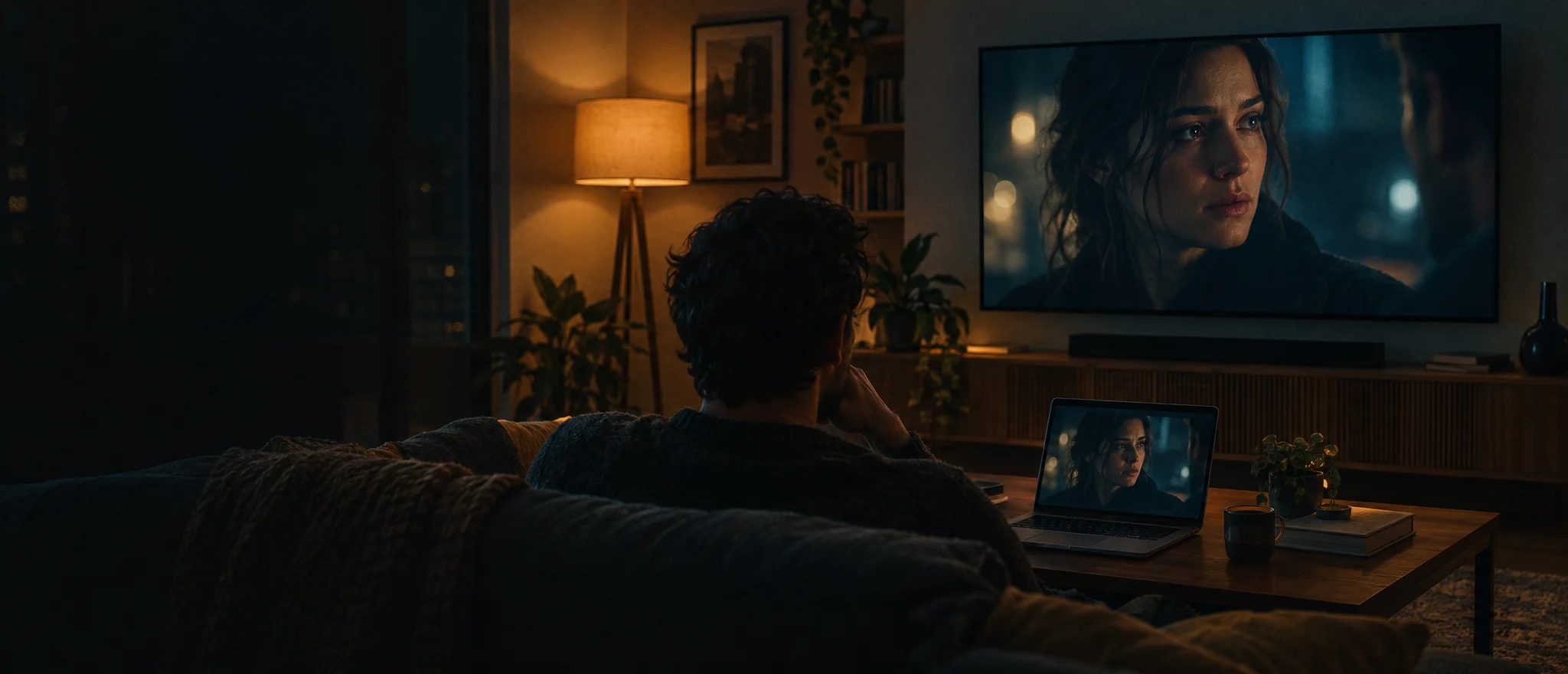 A man on a sofa watching a drama on his living room TV, cast from the laptop on the coffee table.