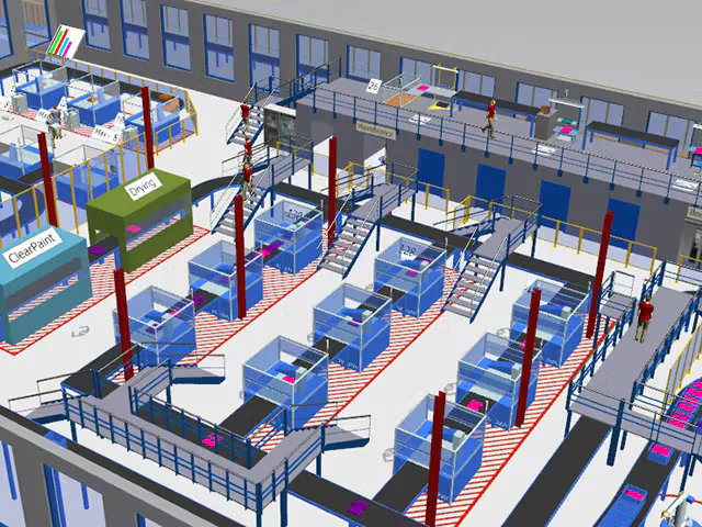 Existing Skypath image showing a manufacturing plant simulation with workstations and production lines