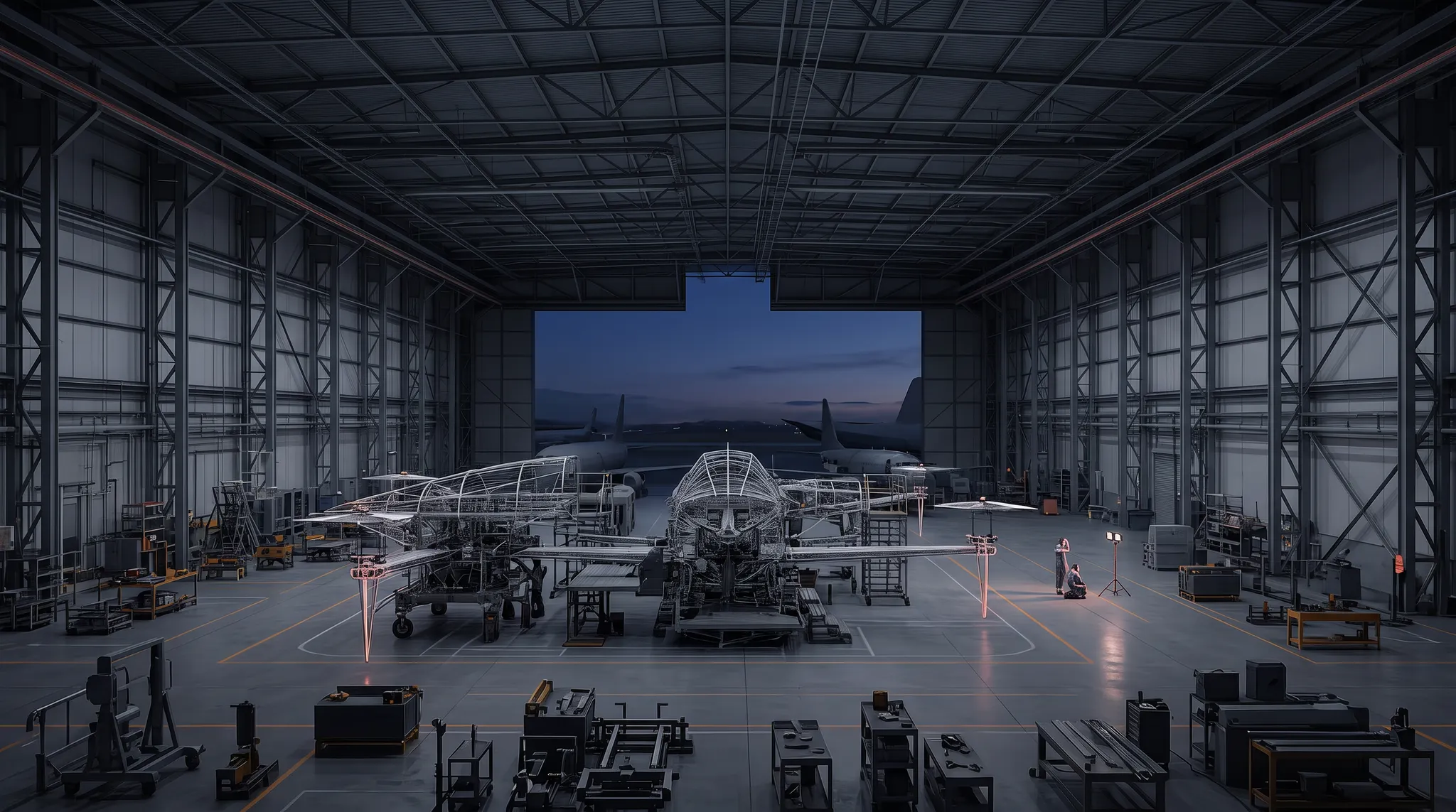 Illustrative aerospace maintenance hangar with workstations and aircraft structures