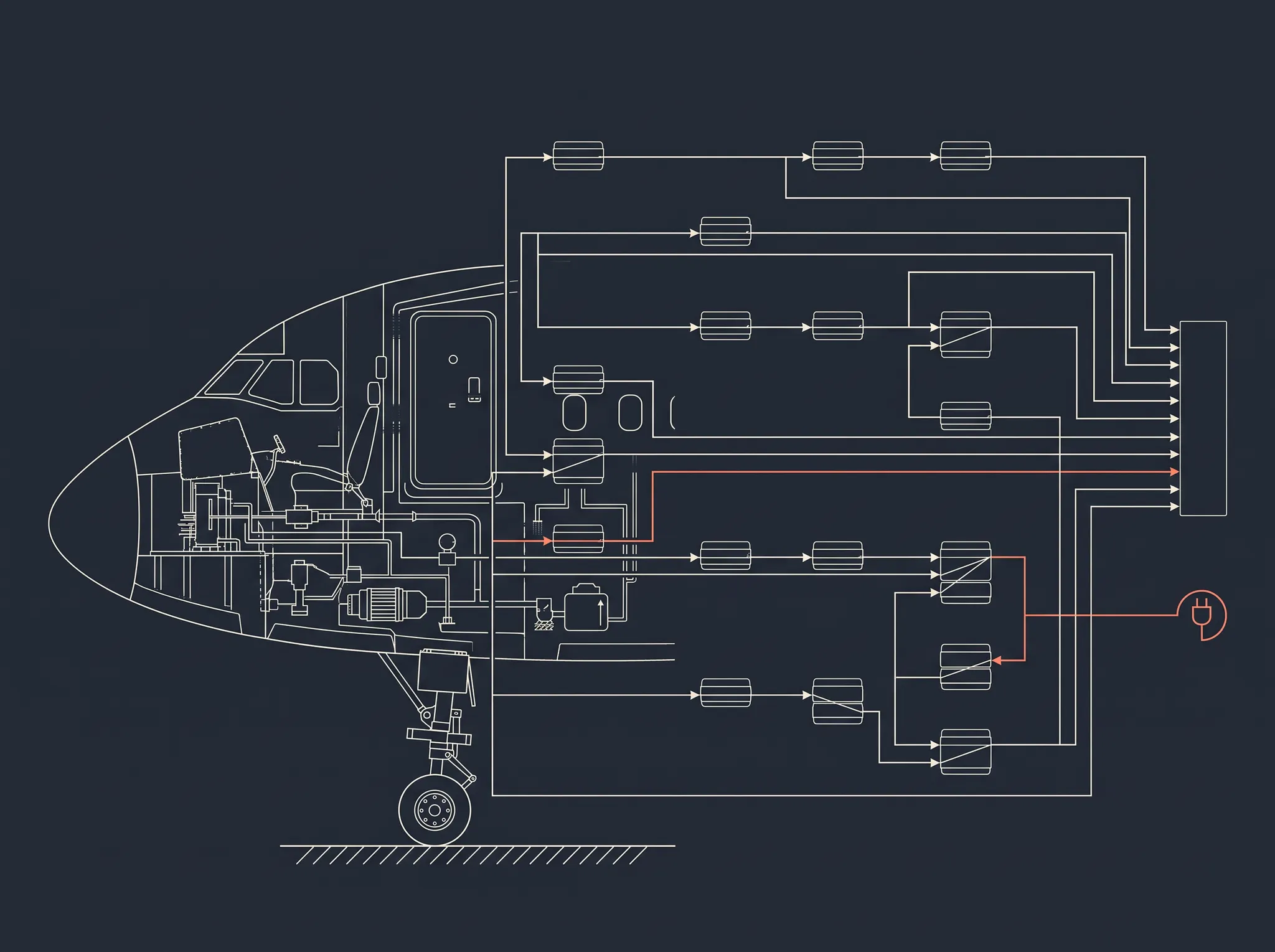 Illustrative aircraft subsystem diagram with a highlighted maintenance dependency