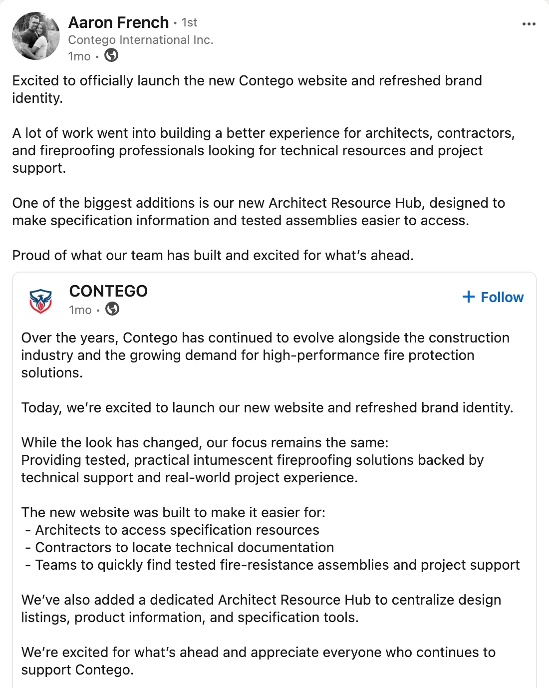 Aaron French of Contego International announcing the new website and refreshed brand identity on LinkedIn