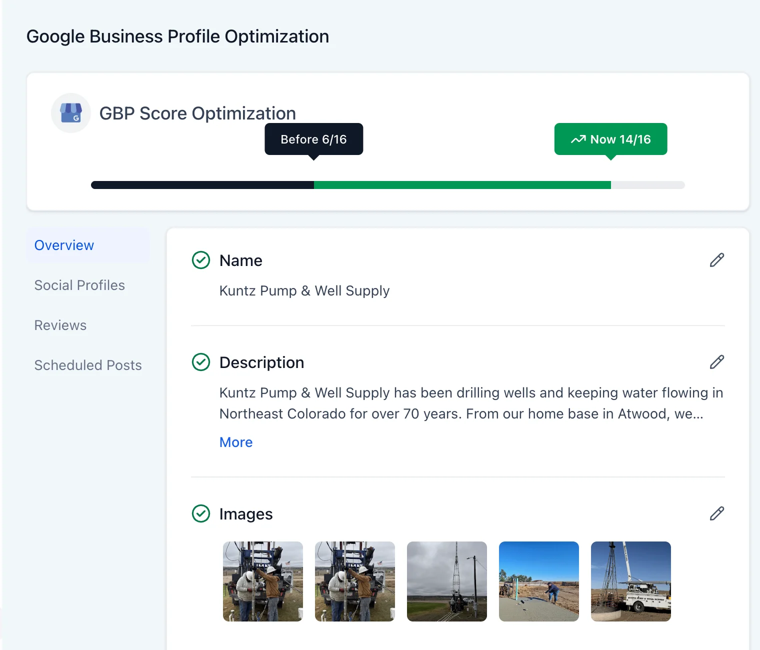 Kuntz Pump and Well Supply's Google Business Profile score after optimization: before 6 of 16, now 14 of 16